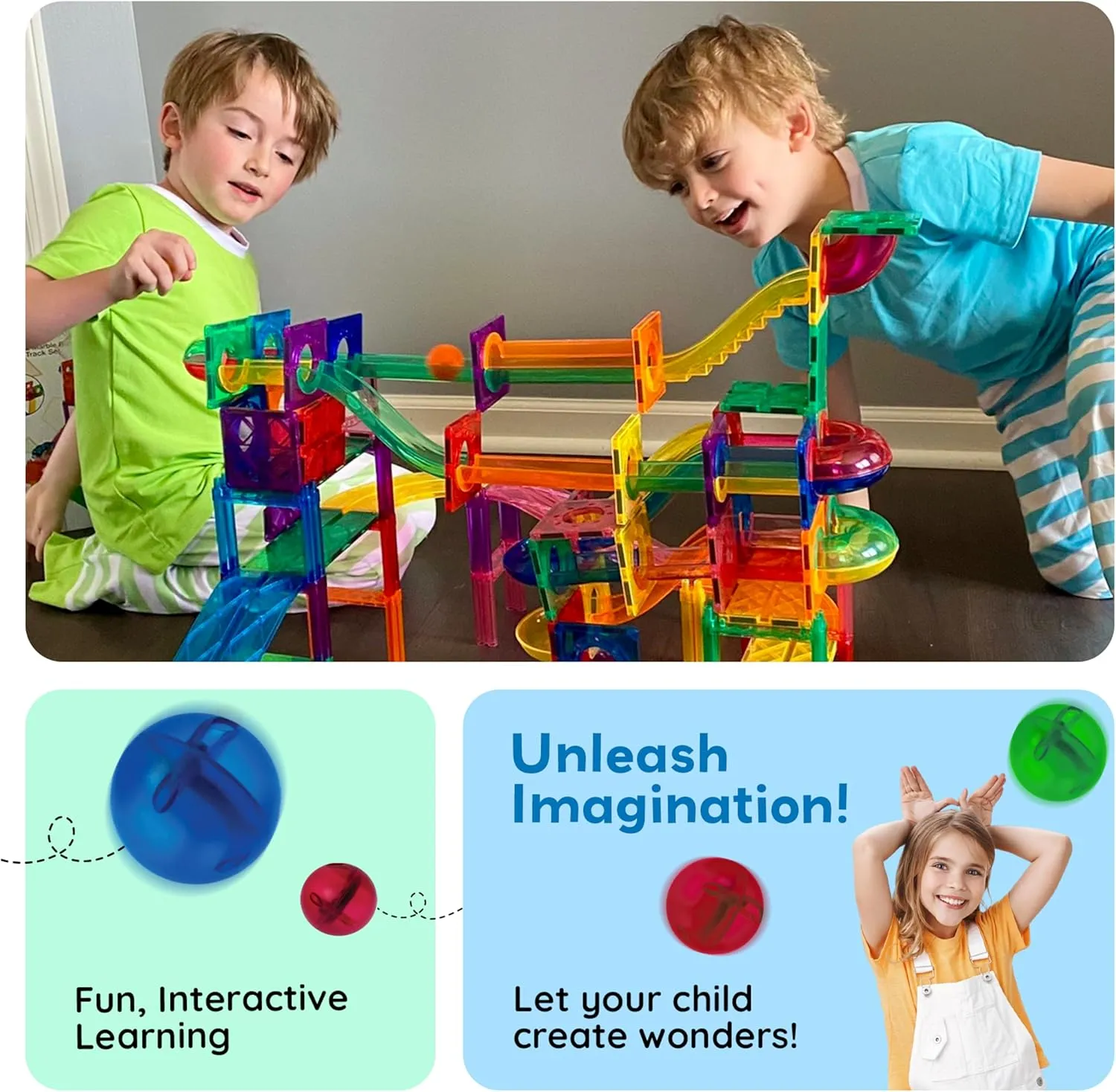 PicassoTiles 70 PCs Marble Run Maze Race Track Magnetic Tiles Magnet Building Block Educational Construction Toy Playset STEM Learning Kit Child Brain Development Hand Eye Coordination Training PTG70