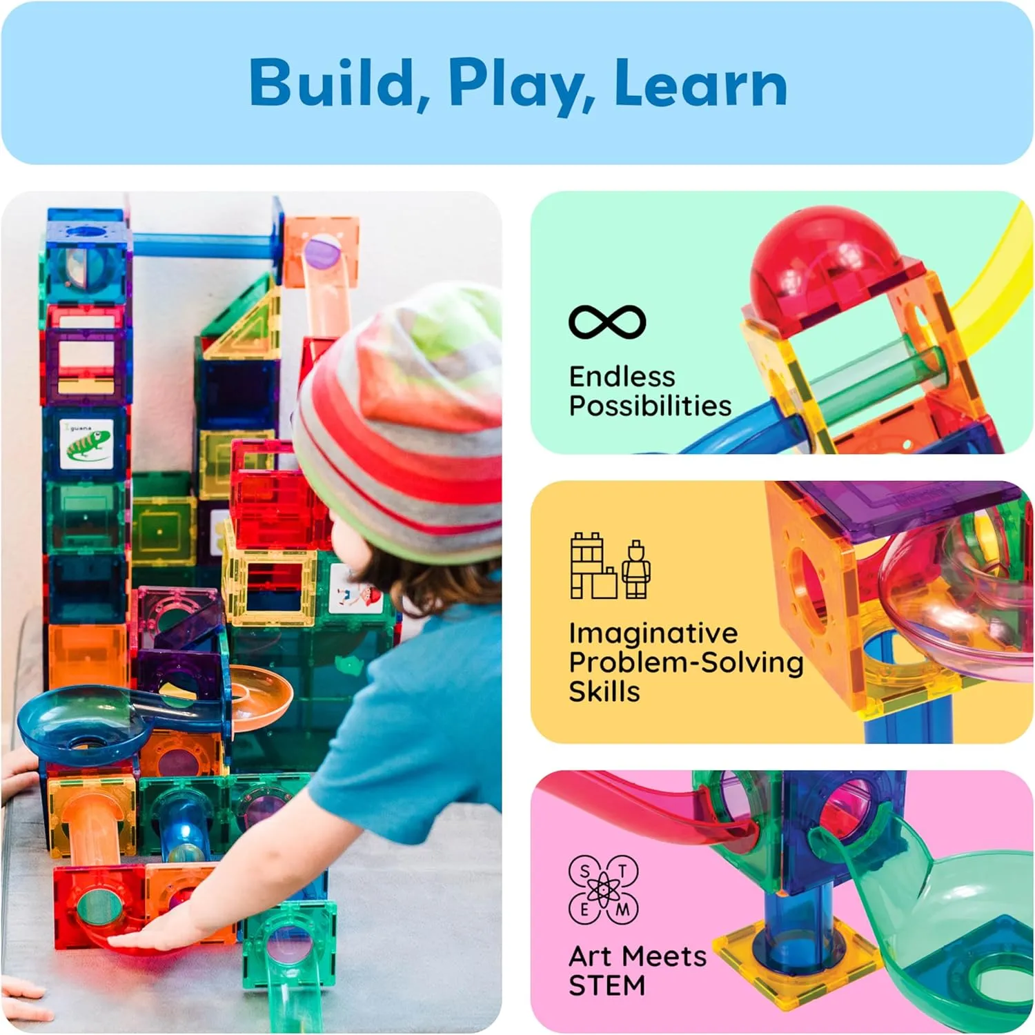 PicassoTiles 70 PCs Marble Run Maze Race Track Magnetic Tiles Magnet Building Block Educational Construction Toy Playset STEM Learning Kit Child Brain Development Hand Eye Coordination Training PTG70