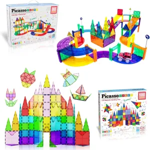 PicassoTiles 80PC Magnetic Race Car Track   100PC Magnet Tiles, Fun & Creative Playset: STEM Learning, Enhance Construction Skills, Hand-Eye Coordination and Fine Motor Skills, Gift for Boys and Girls