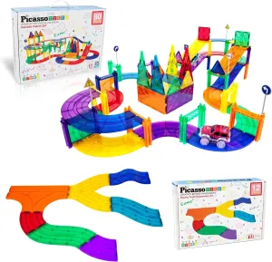 PicassoTiles 80PC Magnetic Race Car Track   12PC Add-On Building Tiles Expansion Bundle: STEAM Learning, Enhance Construction Skills, Hand-Eye Coordination and Fine Motor Skills, Pretend Play Toy Set