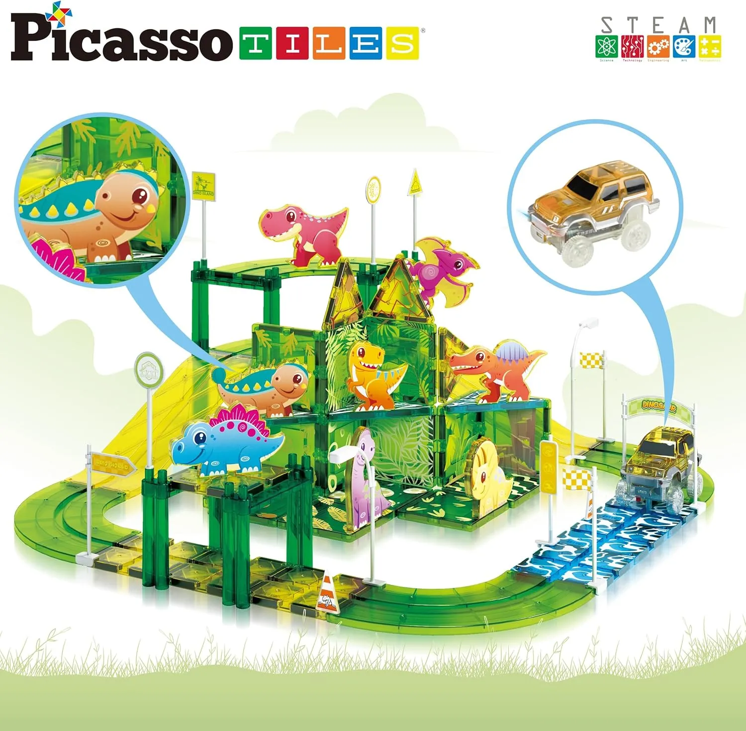 PicassoTiles Dinosaur Magnet Tile Race Car Track with 8 Magnetized Action Figures 2 Cars Accessory Street Sign Kit Magnetic Tiles Construction Building Block Pretend Play Education Toy Ages 3  PTR02