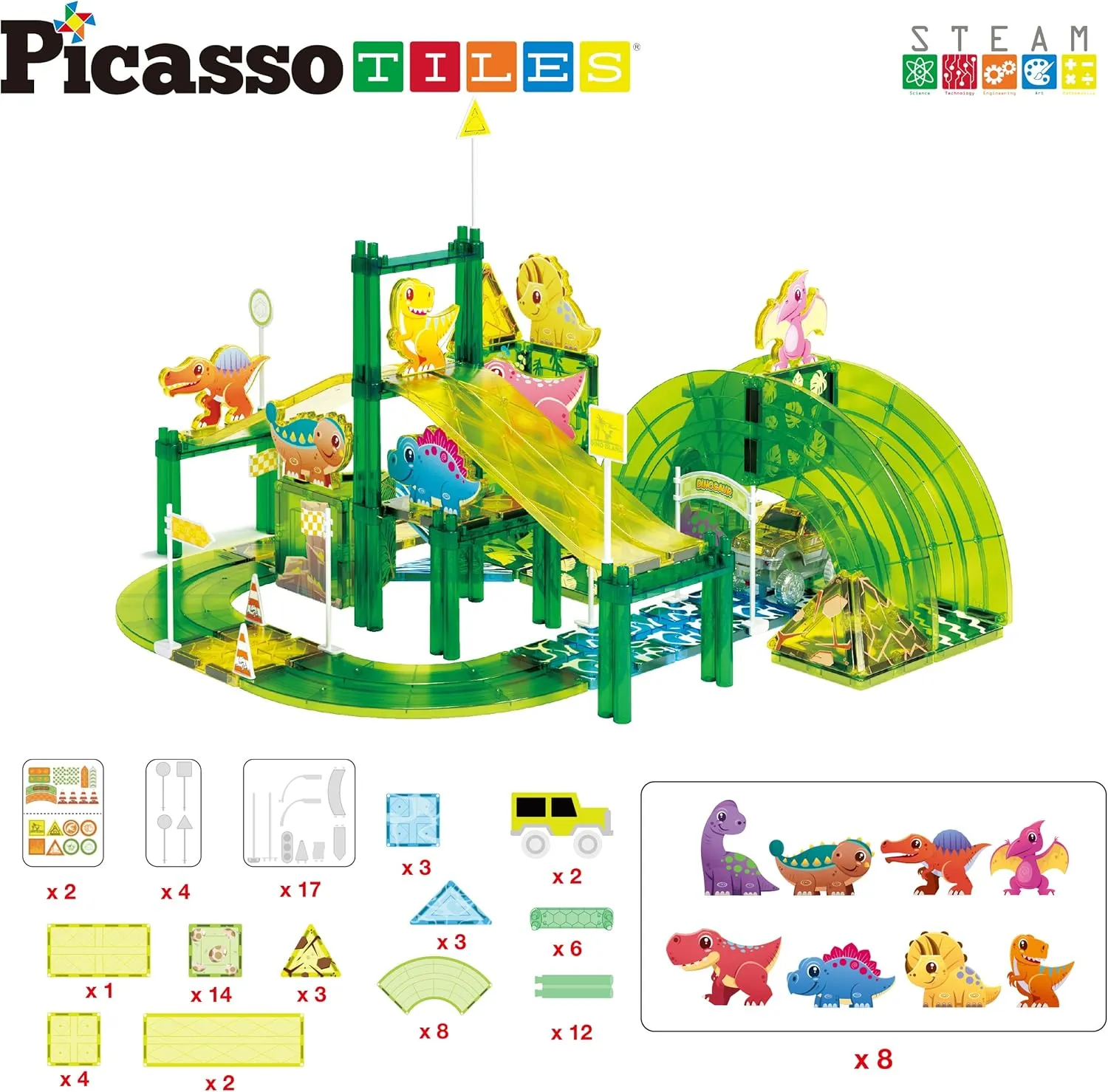 PicassoTiles Dinosaur Magnet Tile Race Car Track with 8 Magnetized Action Figures 2 Cars Accessory Street Sign Kit Magnetic Tiles Construction Building Block Pretend Play Education Toy Ages 3  PTR02