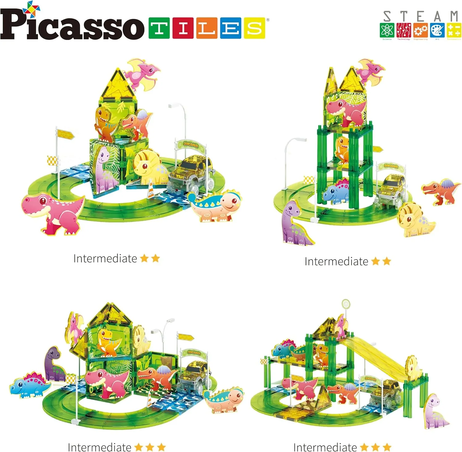 PicassoTiles Dinosaur Magnet Tile Race Car Track with 8 Magnetized Action Figures 2 Cars Accessory Street Sign Kit Magnetic Tiles Construction Building Block Pretend Play Education Toy Ages 3  PTR02