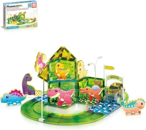 PicassoTiles Dinosaur Magnet Tile Race Car Track with 8 Magnetized Action Figures 2 Cars Accessory Street Sign Kit Magnetic Tiles Construction Building Block Pretend Play Education Toy Ages 3  PTR02