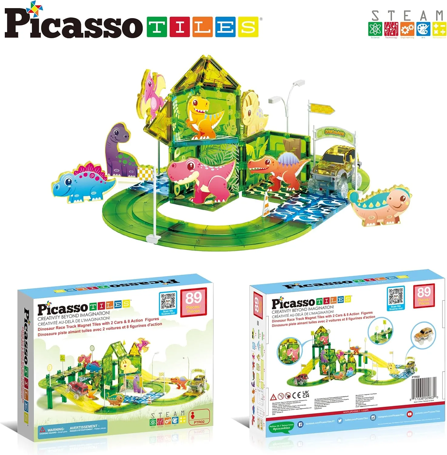 PicassoTiles Dinosaur Magnet Tile Race Car Track with 8 Magnetized Action Figures 2 Cars Accessory Street Sign Kit Magnetic Tiles Construction Building Block Pretend Play Education Toy Ages 3  PTR02