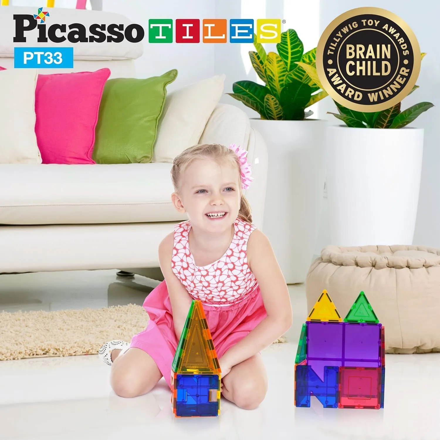 PicassoTiles Educational Set Magnetic Building Tiles with Unique Shapes & Clear Box Tile 3D Magnet Construction Block Different Shapes Connects with Other Figure for Boys & Girls Ages 3 