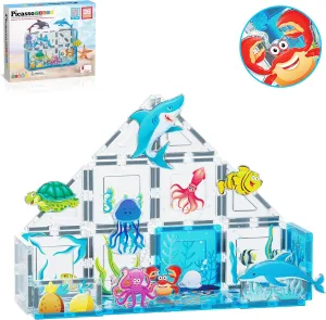 PicassoTiles Magnet Tile Building Blocks Marine Animal World Themed Playset with 8 Ocean Character Action Figures Magnetic Tiles STEM Learning Toy Construction Set Toddlers Boys Girls Ages 3  PTQ25