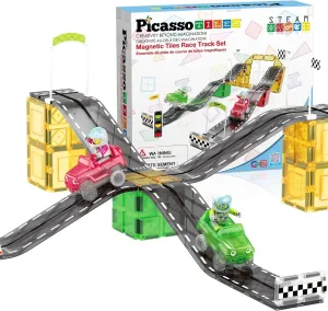 PicassoTiles Magnet Tile Race Car Track Construction Building Block Toy Kit with Character Action Figures and Racing Cars Magnetic Tiles STEM Educational Learning Pretend Play Blocks Kids Age 3  PTR05