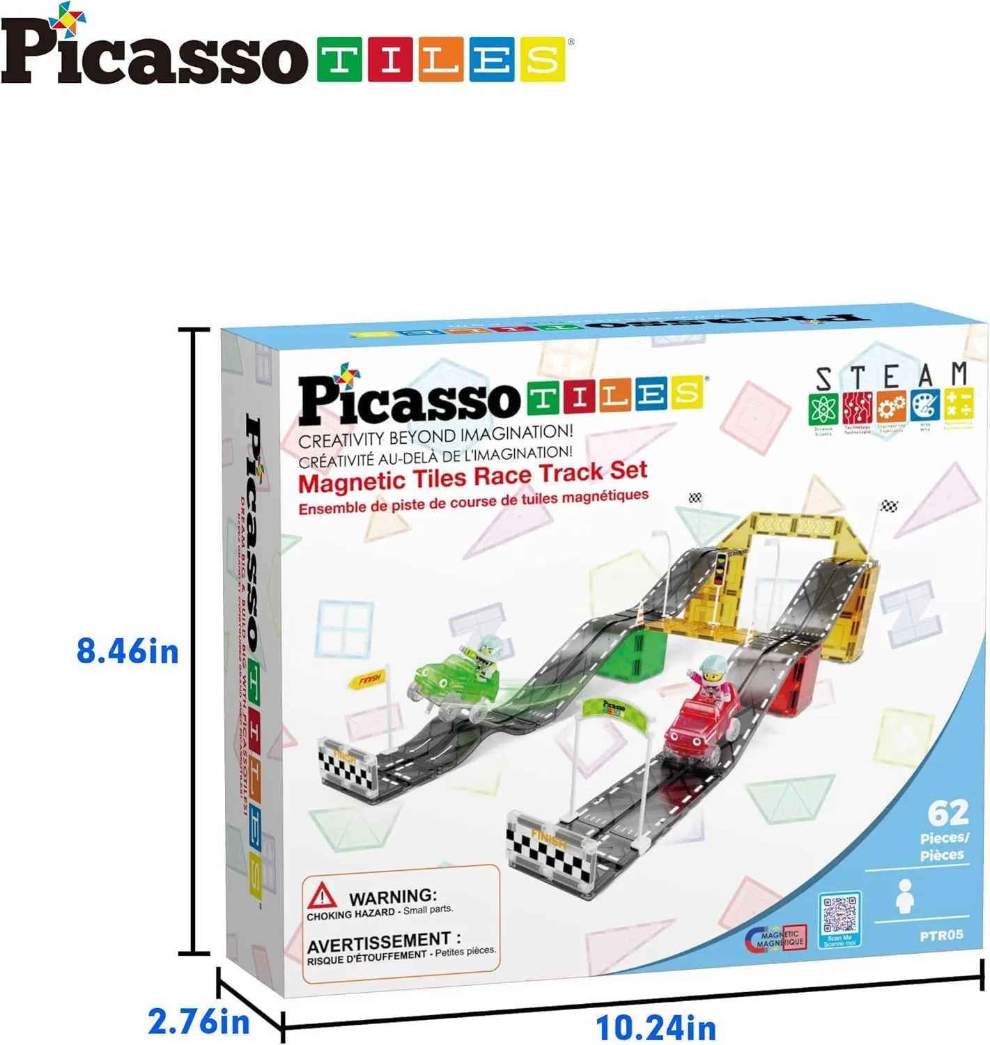 PicassoTiles Magnet Tile Race Car Track Construction Building Block Toy Kit with Character Action Figures and Racing Cars Magnetic Tiles STEM Educational Learning Pretend Play Blocks Kids Age 3  PTR05