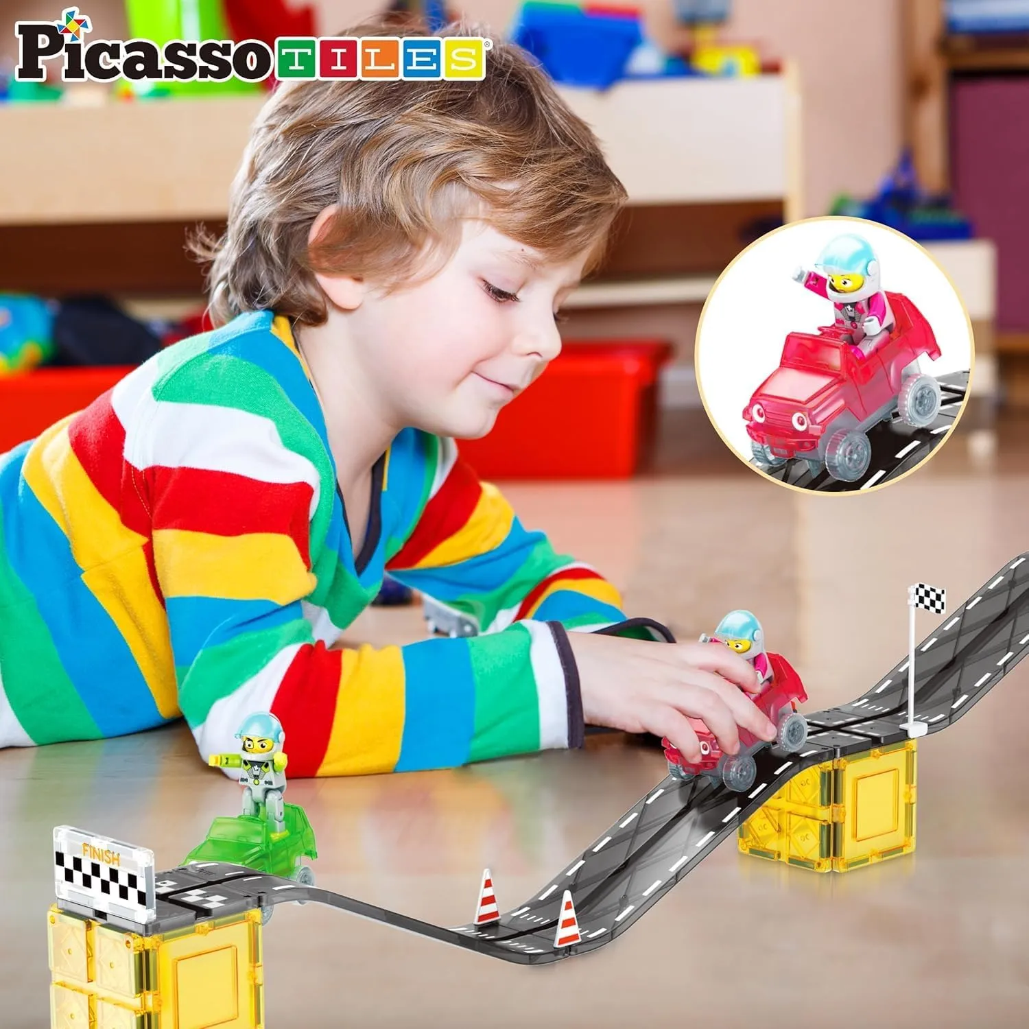 PicassoTiles Magnet Tile Race Car Track Construction Building Block Toy Kit with Character Action Figures and Racing Cars Magnetic Tiles STEM Educational Learning Pretend Play Blocks Kids Age 3  PTR05