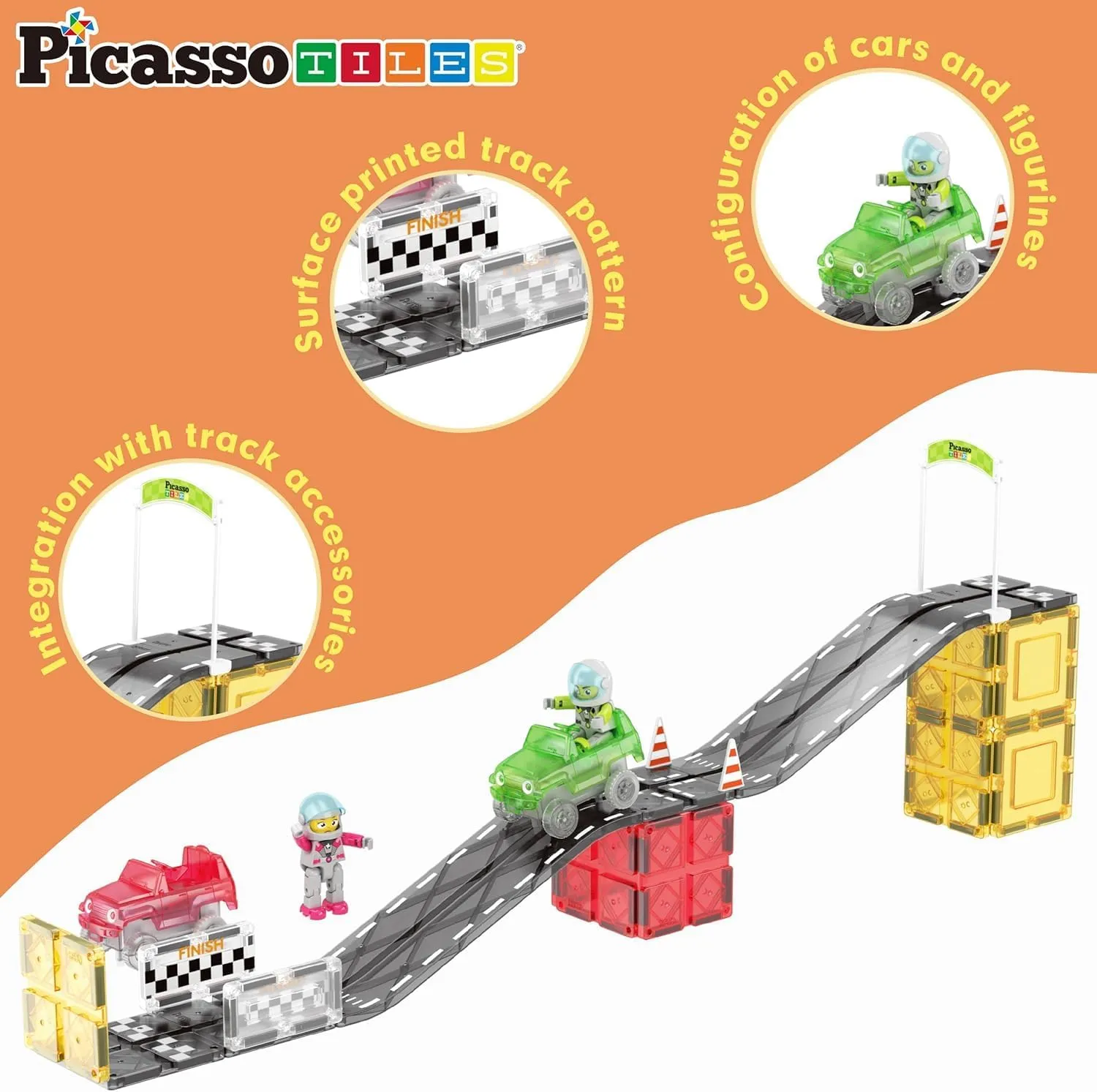 PicassoTiles Magnet Tile Race Car Track Construction Building Block Toy Kit with Character Action Figures and Racing Cars Magnetic Tiles STEM Educational Learning Pretend Play Blocks Kids Age 3  PTR05