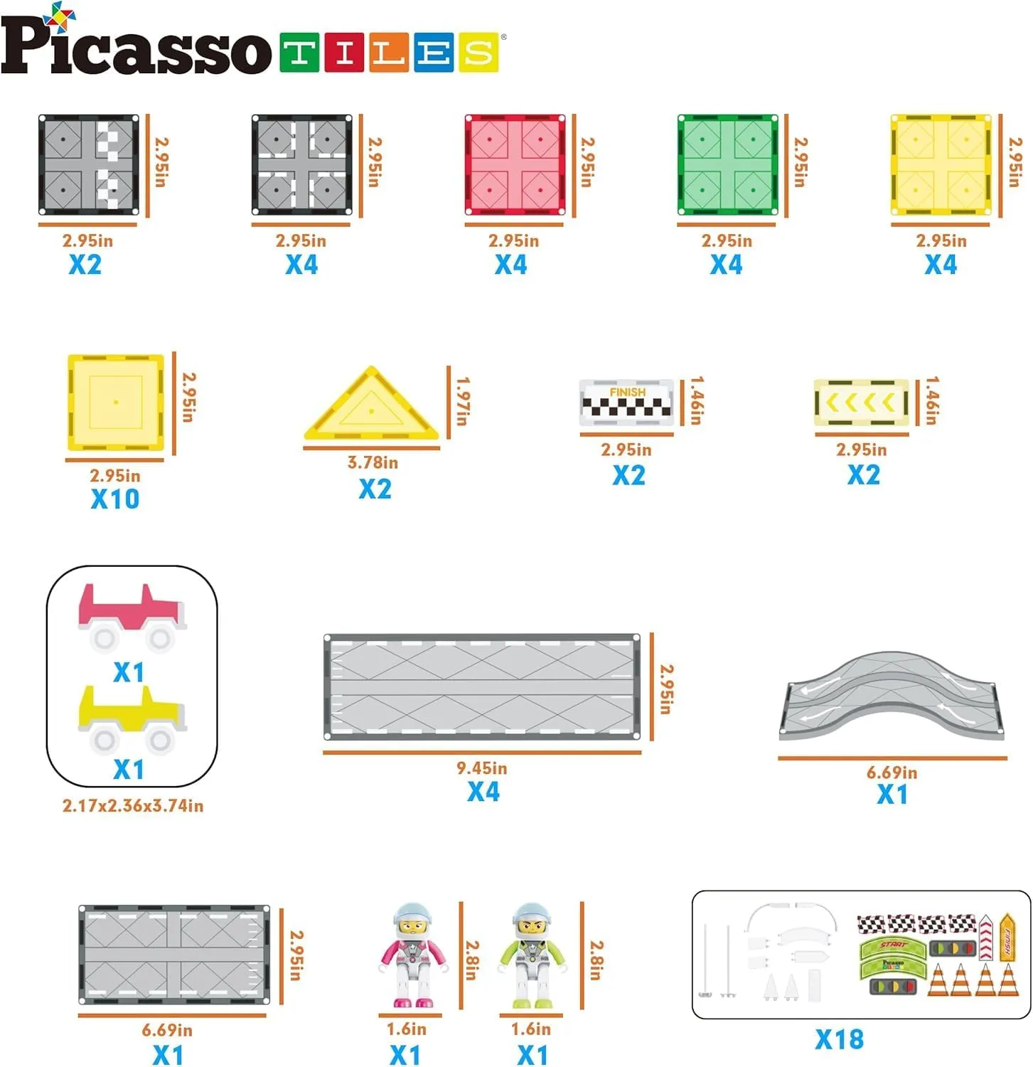 PicassoTiles Magnet Tile Race Car Track Construction Building Block Toy Kit with Character Action Figures and Racing Cars Magnetic Tiles STEM Educational Learning Pretend Play Blocks Kids Age 3  PTR05