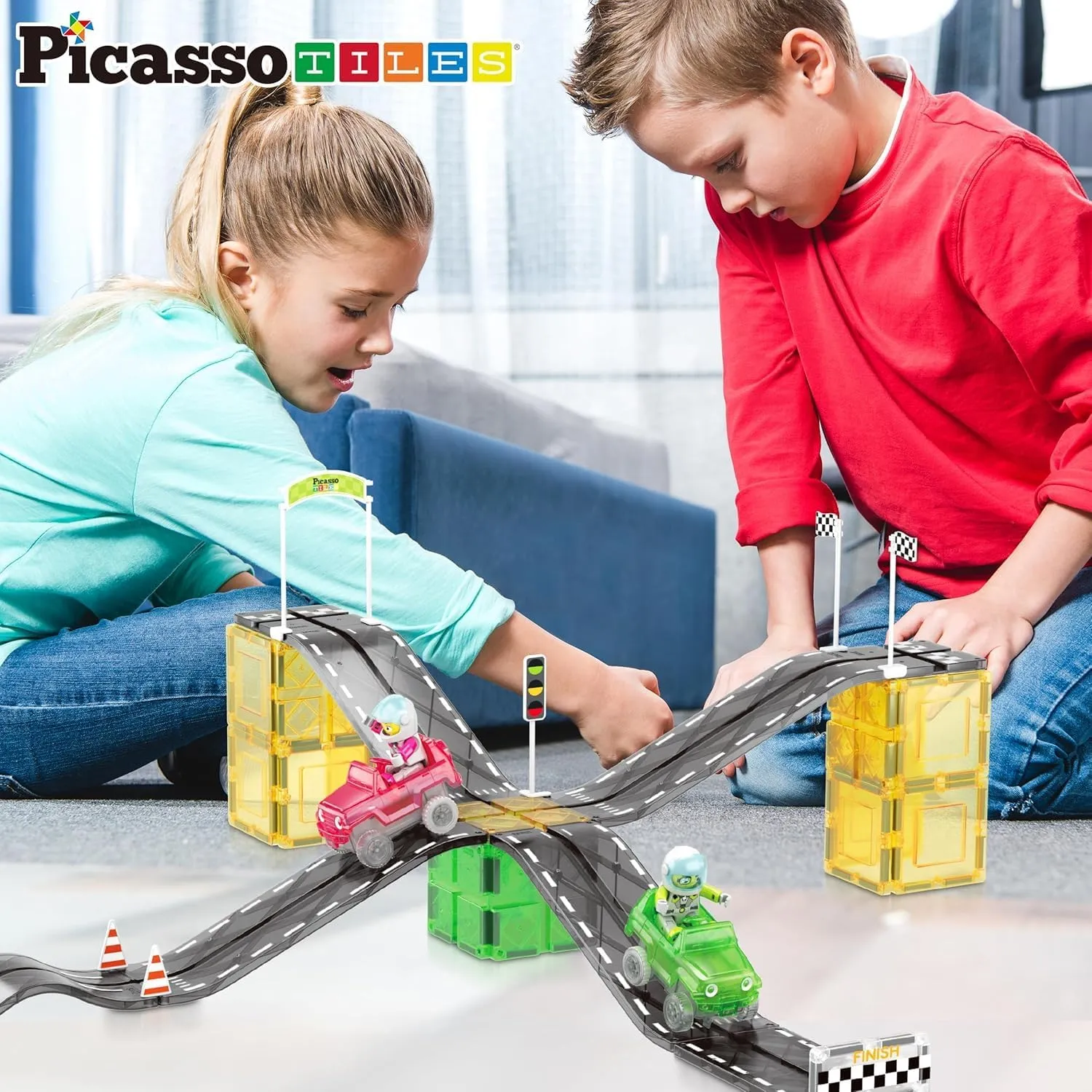 PicassoTiles Magnet Tile Race Car Track Construction Building Block Toy Kit with Character Action Figures and Racing Cars Magnetic Tiles STEM Educational Learning Pretend Play Blocks Kids Age 3  PTR05
