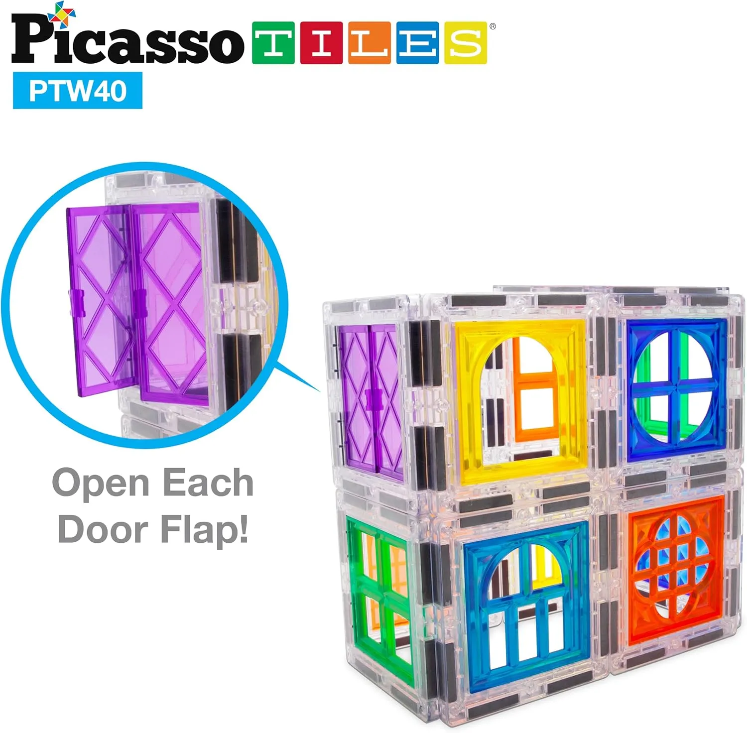 PicassoTiles Magnetic Tile Clip-in Window and Door Expansion Set, Magnetic Block Add-ons, Magnet Building Construction Toys, STEM Education Learning Stacking Block, Toddler Boys & Girls