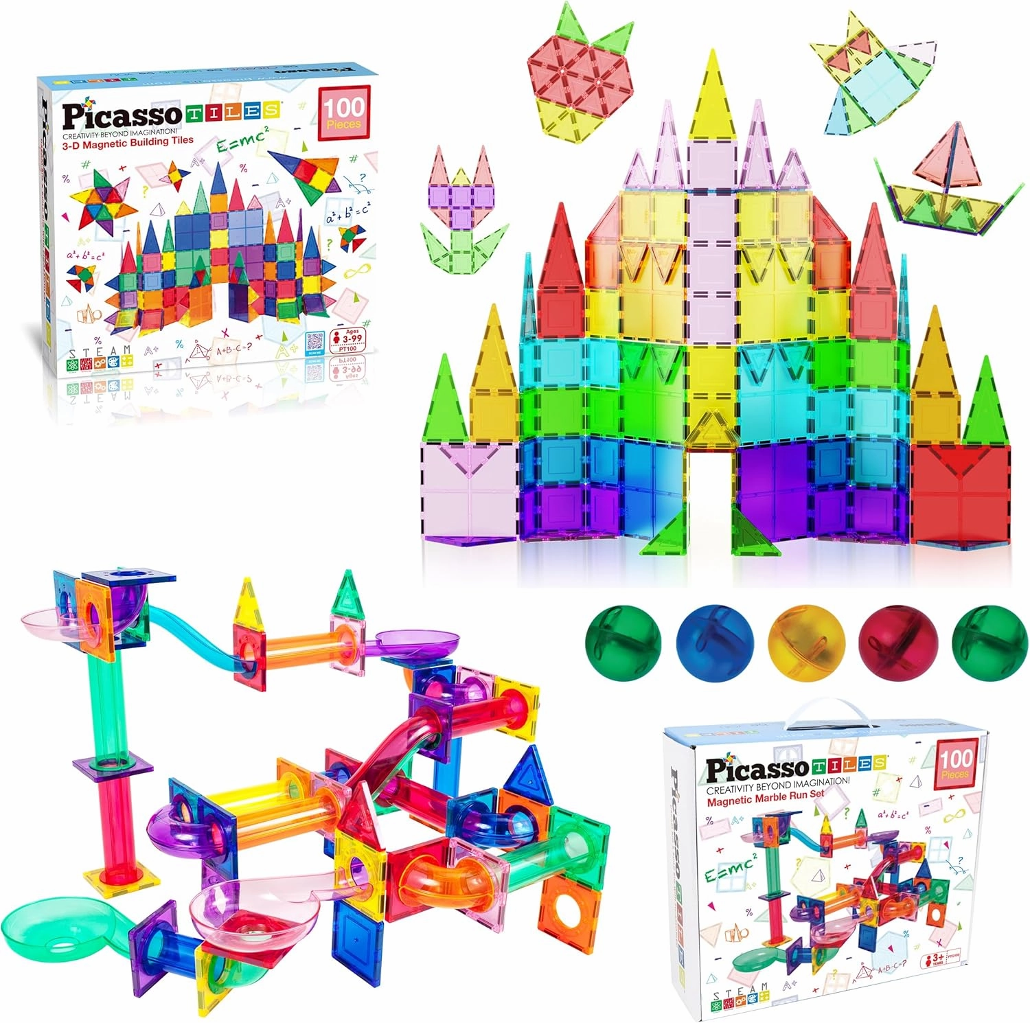 PicassoTiles 100PC Magnet Tiles   100PC Marble Run Race Track Fun & Creative Playset Bundle, STEAM Learning & Educational Sensory Toy for Preschool & Kindergarten Kids Ages 3 , A Classroom Must Have