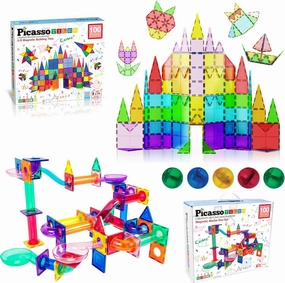 PicassoTiles 100PC Magnet Tiles   100PC Marble Run Race Track Fun & Creative Playset Bundle, STEAM Learning & Educational Sensory Toy for Preschool & Kindergarten Kids Ages 3 , A Classroom Must Have