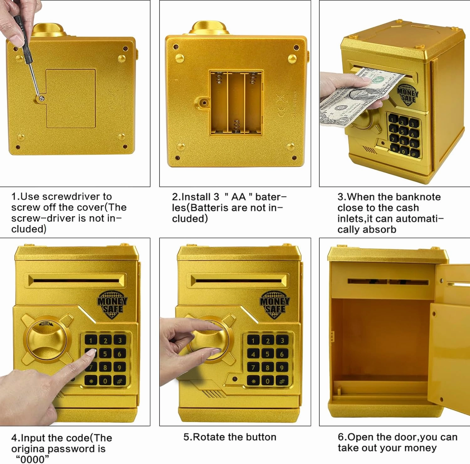 Piggy Bank Electronic Mini ATM for Kids Baby Toy, Safe Coin Banks Money Saving Box Password Code Lock for Children,Boys Girls Best Gift (Gold)