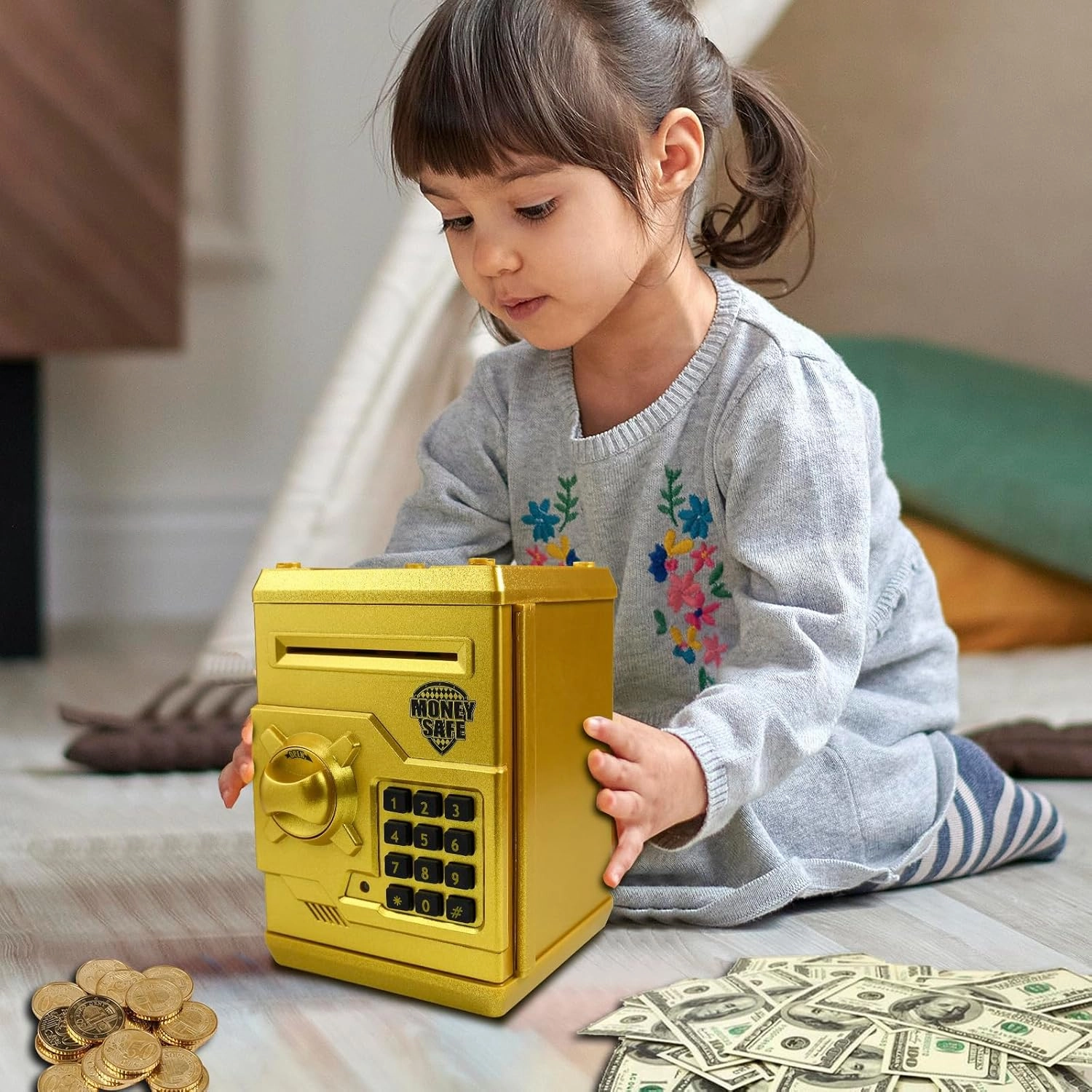 Piggy Bank Electronic Mini ATM for Kids Baby Toy, Safe Coin Banks Money Saving Box Password Code Lock for Children,Boys Girls Best Gift (Gold)
