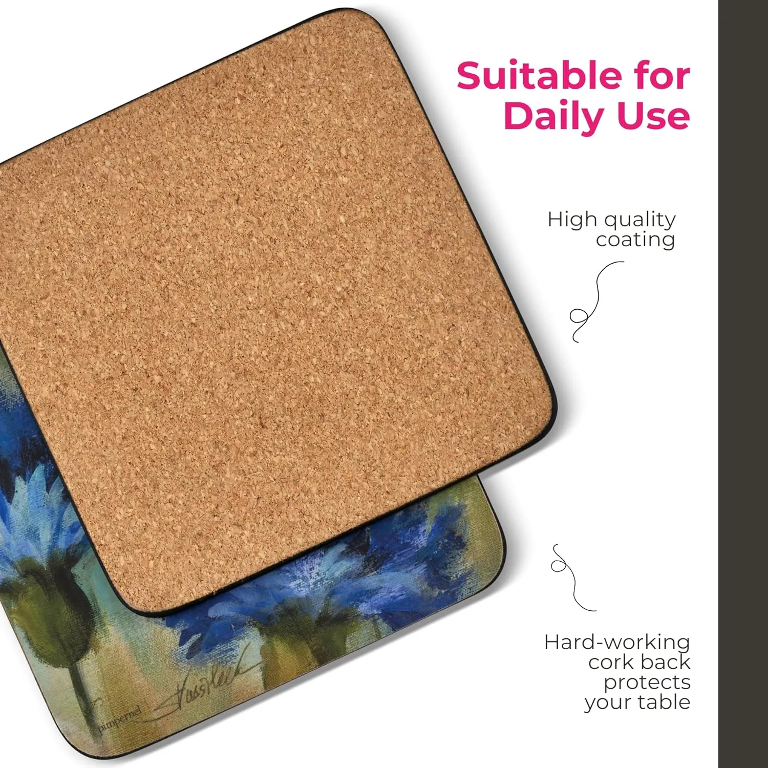 Pimpernel Fleur Des Champs Coasters - Set of 6 (4” x 4”), Cork, Elegant Floral Design, Durable & Easy to Clean, Ideal for Home or Dining Table, Protects Surfaces with Style