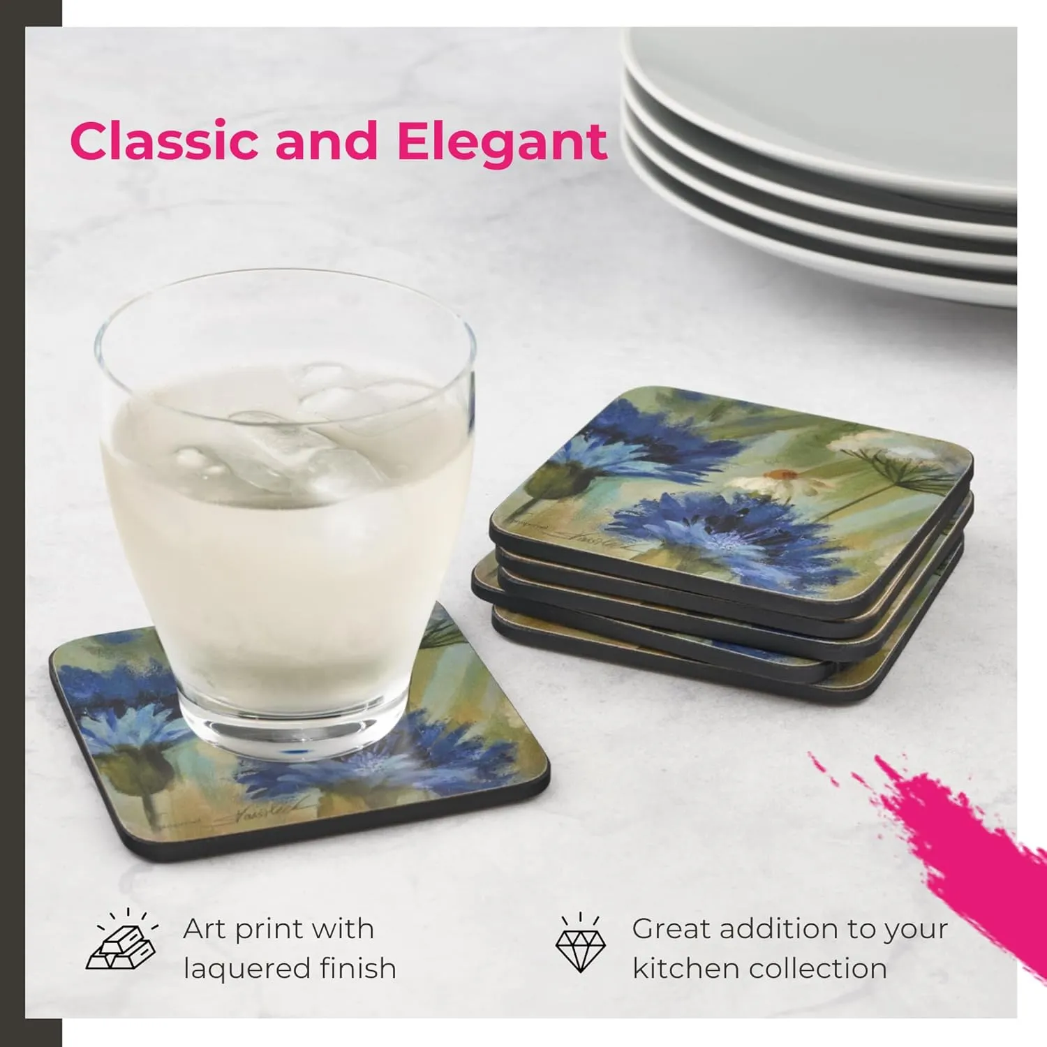 Pimpernel Fleur Des Champs Coasters - Set of 6 (4” x 4”), Cork, Elegant Floral Design, Durable & Easy to Clean, Ideal for Home or Dining Table, Protects Surfaces with Style