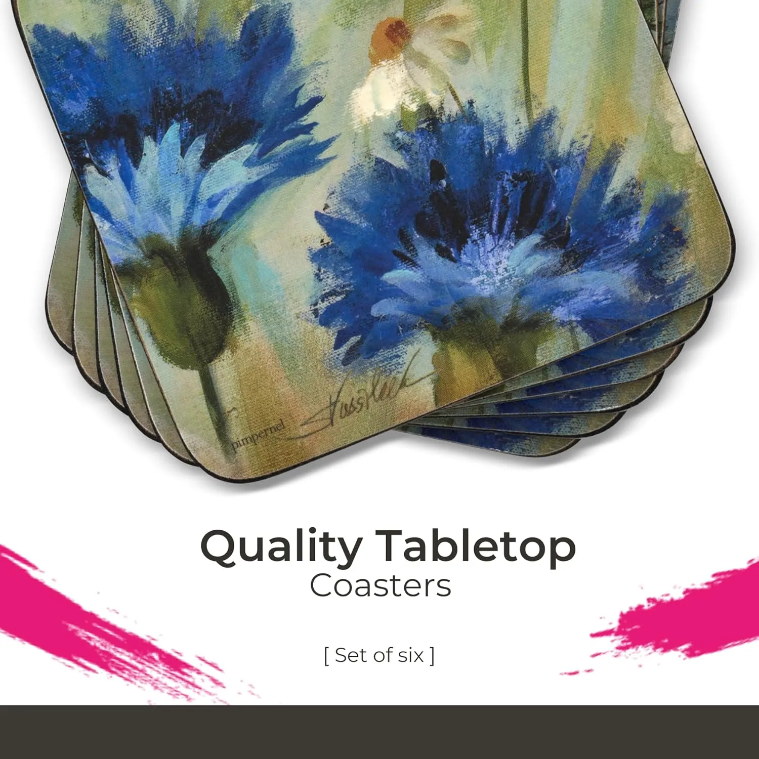 Pimpernel Fleur Des Champs Coasters - Set of 6 (4” x 4”), Cork, Elegant Floral Design, Durable & Easy to Clean, Ideal for Home or Dining Table, Protects Surfaces with Style