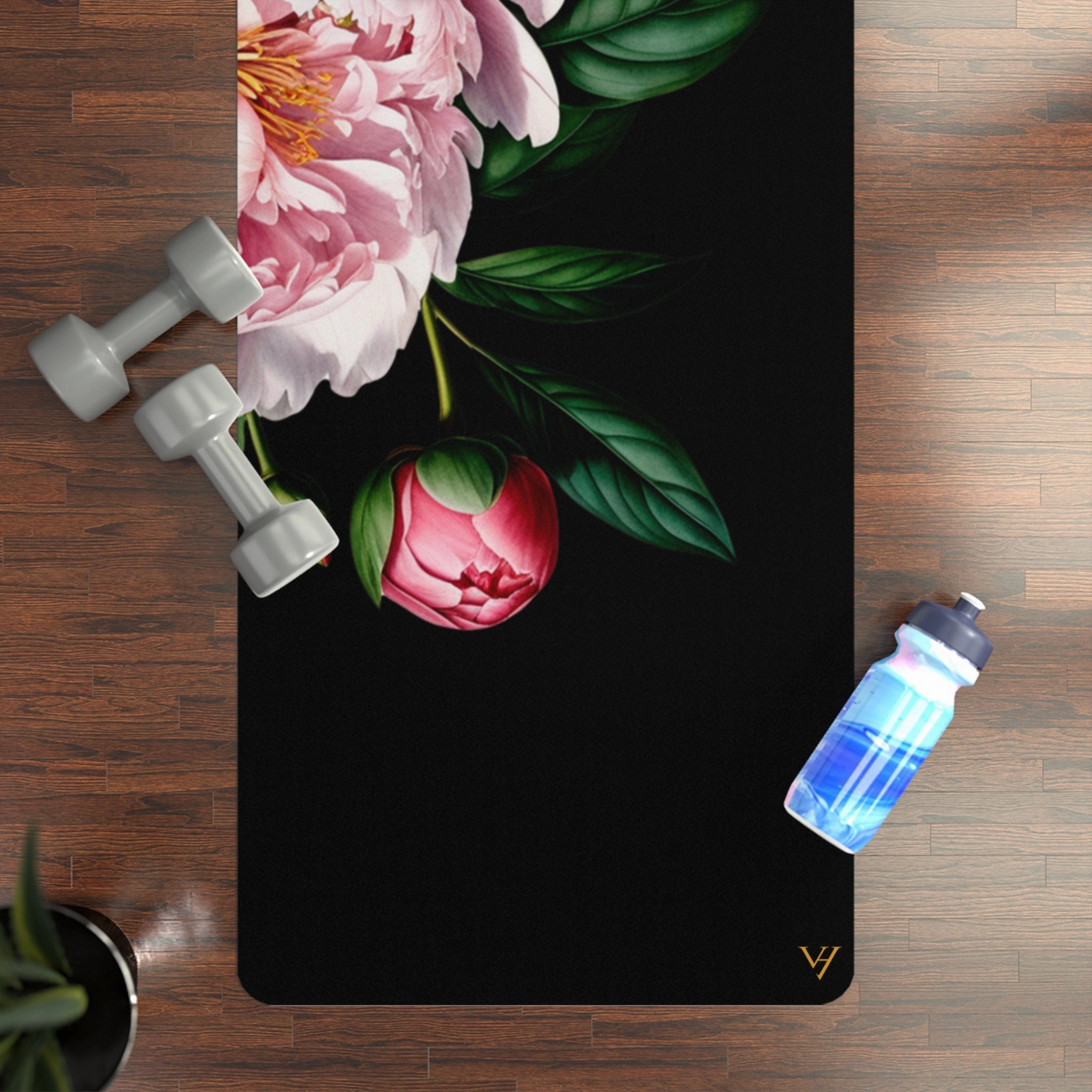PINK PEONY IN BLOOM YOGA MAT: NOIR & PINK ELEGANCE