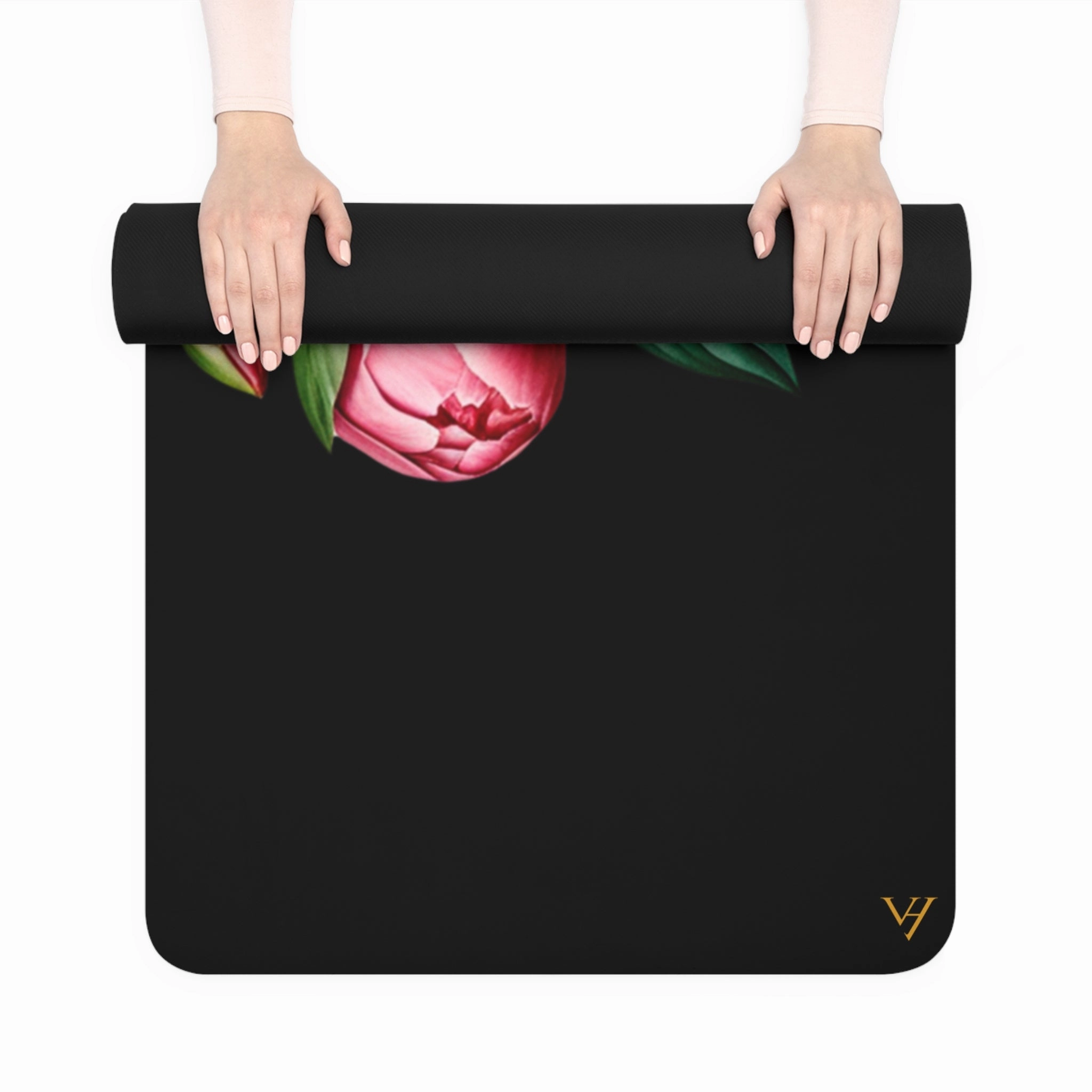 PINK PEONY IN BLOOM YOGA MAT: NOIR & PINK ELEGANCE