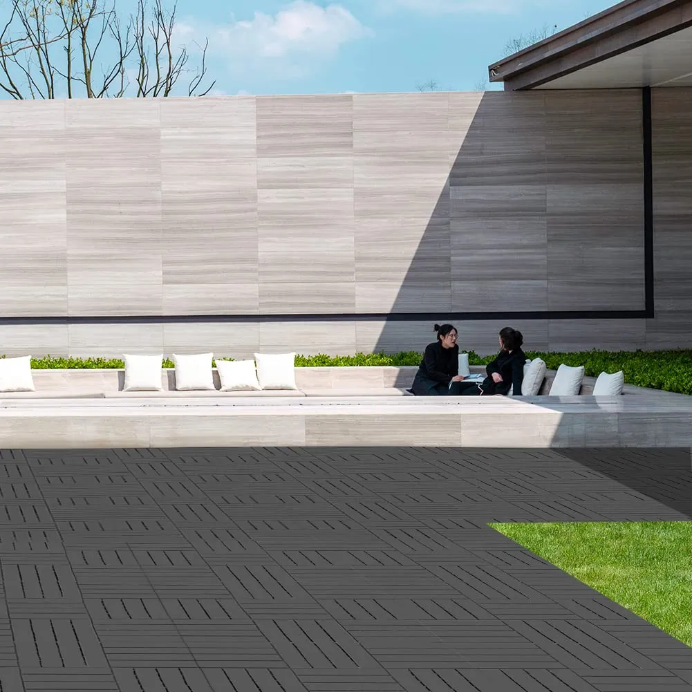 Plastic Interlocking Deck Tiles, 9 Pack, 12"x12" Patio Decking Tiles Not-Slip All Weather Use, PVC Waterproof Outdoor Flooring Pavers for Backyard, Poolside, Porch, Balcony, Dark Grey