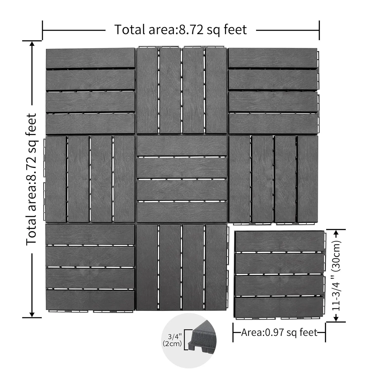 Plastic Interlocking Deck Tiles, 9 Pack, 12"x12" Patio Decking Tiles Not-Slip All Weather Use, PVC Waterproof Outdoor Flooring Pavers for Backyard, Poolside, Porch, Balcony, Dark Grey