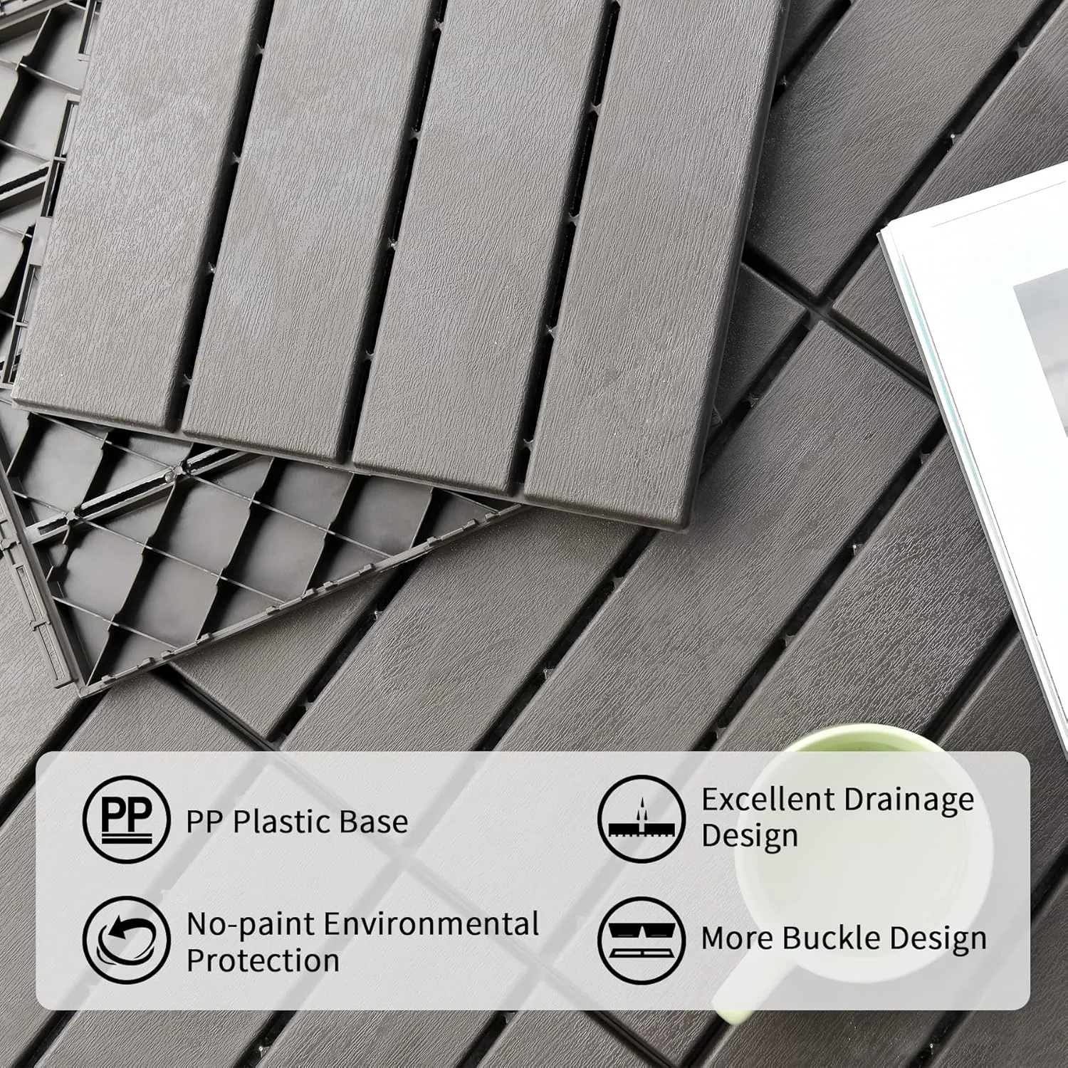 Plastic Interlocking Deck Tiles, 9 Pack, 12"x12" Patio Decking Tiles Not-Slip All Weather Use, PVC Waterproof Outdoor Flooring Pavers for Backyard, Poolside, Porch, Balcony, Dark Grey