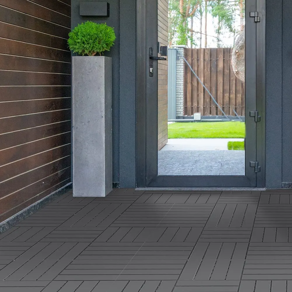 Plastic Interlocking Deck Tiles, 9 Pack, 12"x12" Patio Decking Tiles Not-Slip All Weather Use, PVC Waterproof Outdoor Flooring Pavers for Backyard, Poolside, Porch, Balcony, Dark Grey