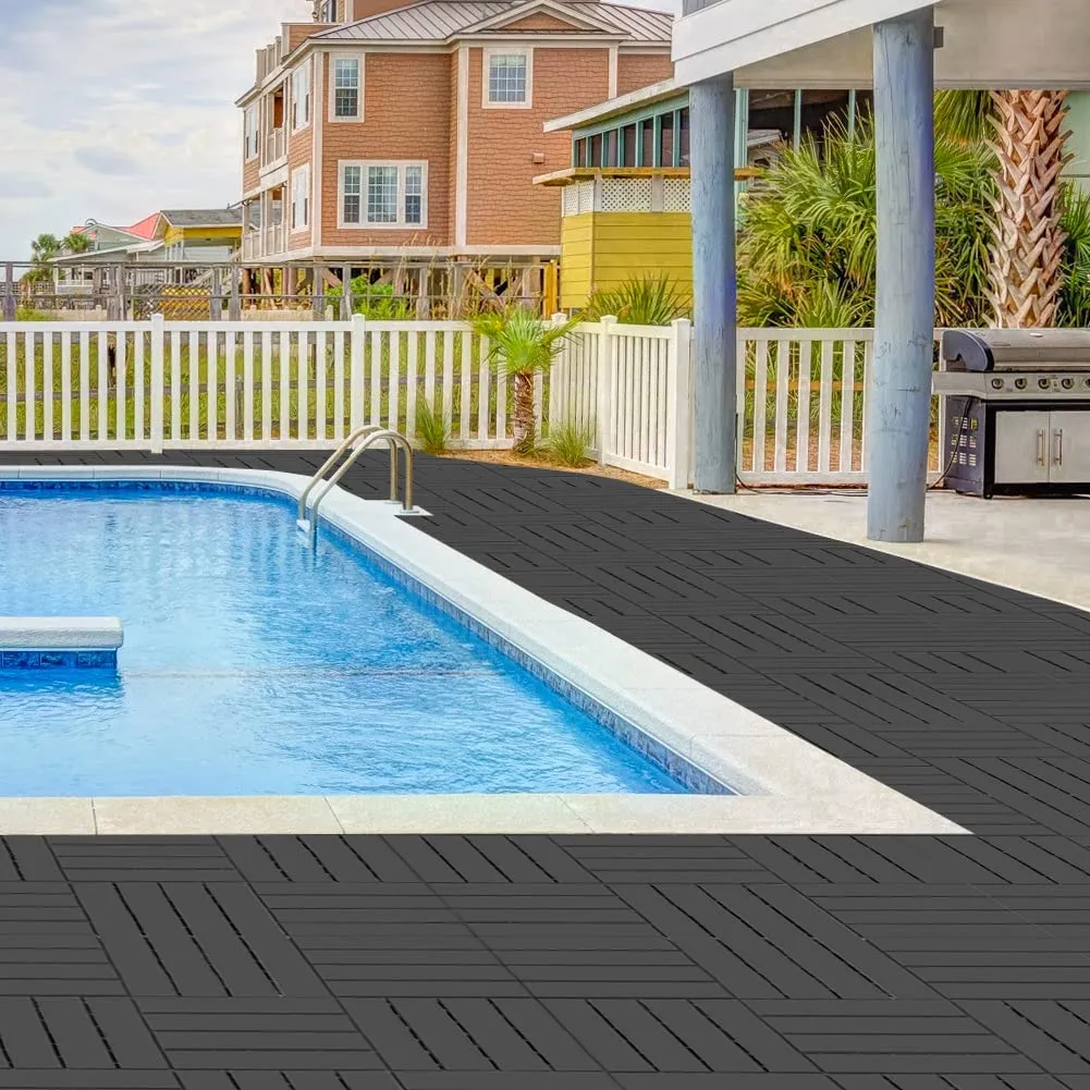 Plastic Interlocking Deck Tiles, 9 Pack, 12"x12" Patio Decking Tiles Not-Slip All Weather Use, PVC Waterproof Outdoor Flooring Pavers for Backyard, Poolside, Porch, Balcony, Dark Grey