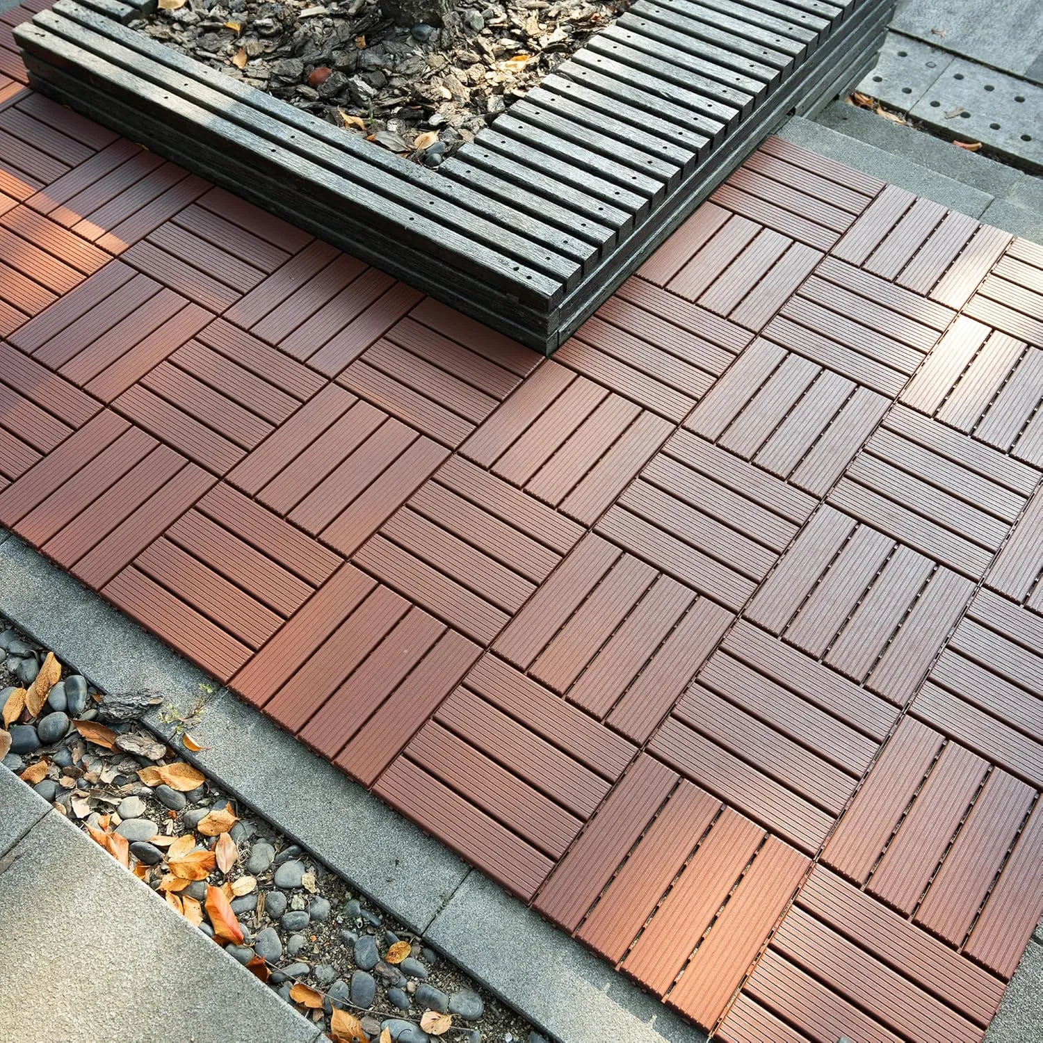 Plastic Interlocking Patio Deck Tiles, 44 Pack 12"x12" Waterproof Outdoor Porch Decking Tiles, All Weather Use Indoor & Outdoor Non-Slip Floor Pavers for Poolside Balcony Backyard Deck, Brown
