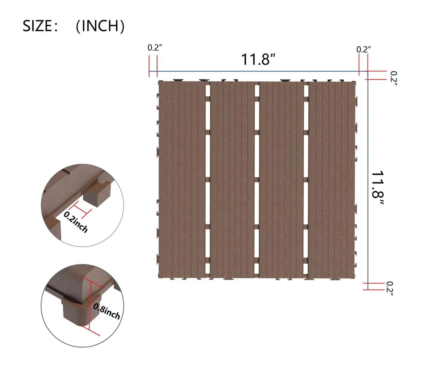 Plastic Interlocking Patio Deck Tiles, 44 Pack 12"x12" Waterproof Outdoor Porch Decking Tiles, All Weather Use Indoor & Outdoor Non-Slip Floor Pavers for Poolside Balcony Backyard Deck, Brown