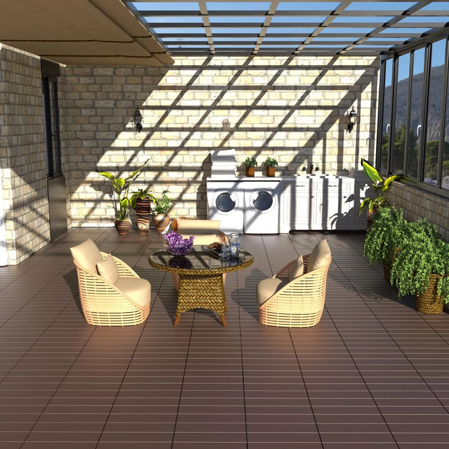Plastic Interlocking Patio Deck Tiles, 44 Pack 12"x12" Waterproof Outdoor Porch Decking Tiles, All Weather Use Indoor & Outdoor Non-Slip Floor Pavers for Poolside Balcony Backyard Deck, Brown
