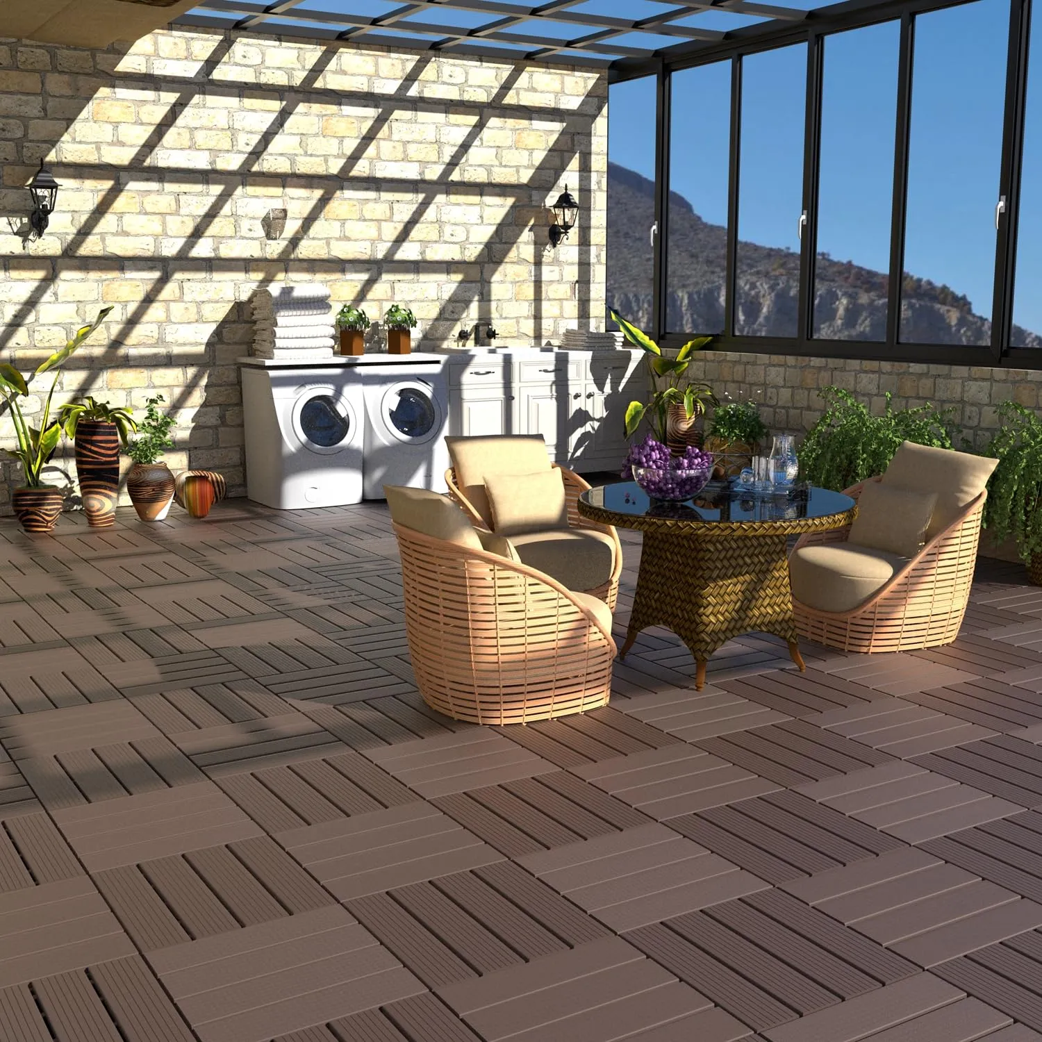 Plastic Interlocking Patio Deck Tiles, 44 Pack 12"x12" Waterproof Outdoor Porch Decking Tiles, All Weather Use Indoor & Outdoor Non-Slip Floor Pavers for Poolside Balcony Backyard Deck, Brown