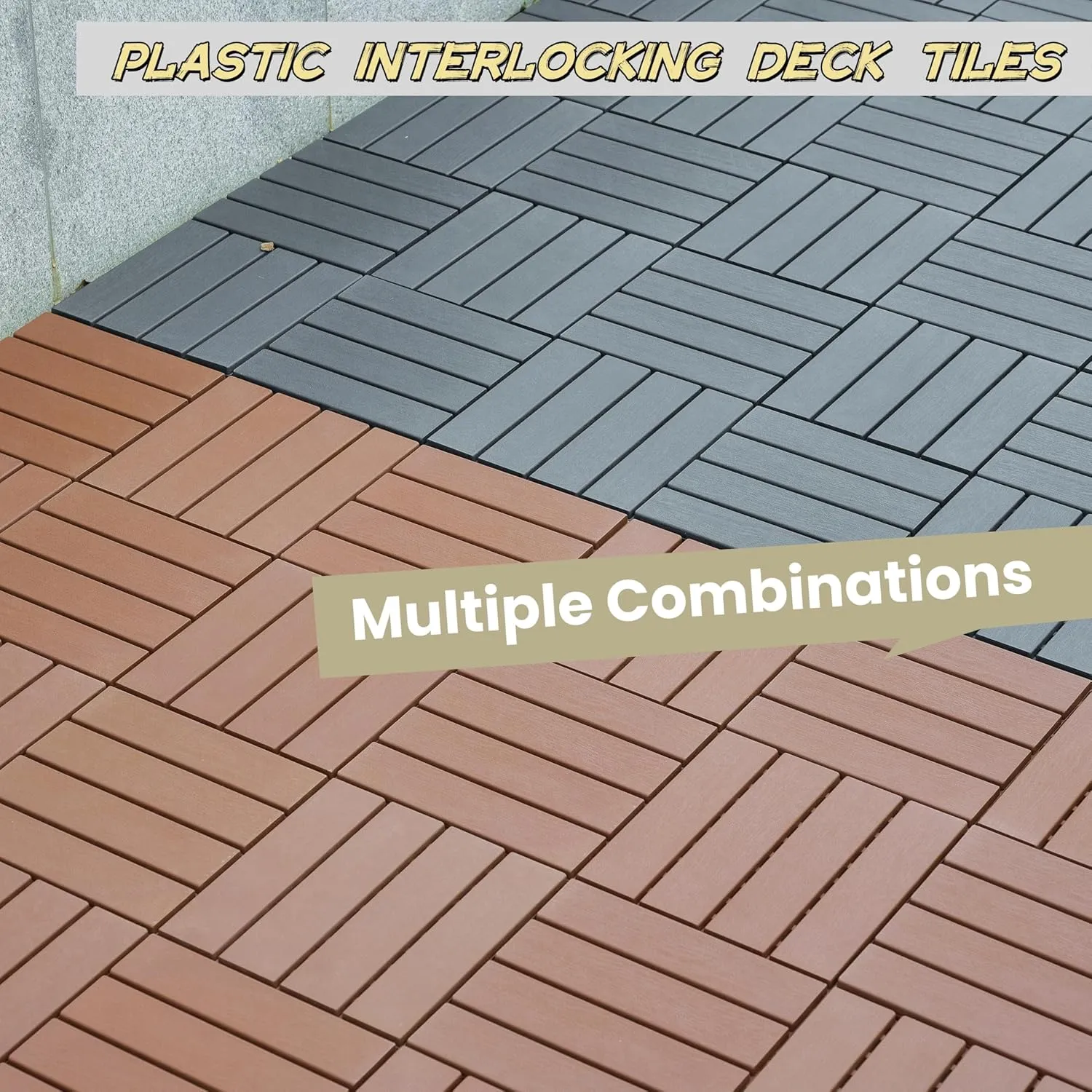 Plastic Interlocking Patio Deck Tiles, 44 Pack 12"x12" Waterproof Outdoor Porch Decking Tiles, All Weather Use Indoor & Outdoor Non-Slip Floor Pavers for Poolside Balcony Backyard Deck, Brown