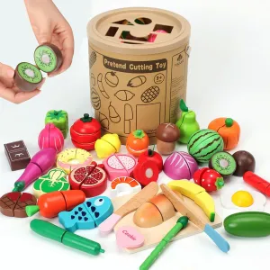 Play Kitchen Accessories, Wooden Play Food, Pretend Kitchen Cutting Fruit Vegetables Toys for Toddlers 3  Years with Basket, Educational Toddler Toys for Fine Motor Skills, Gift for Boys Girls