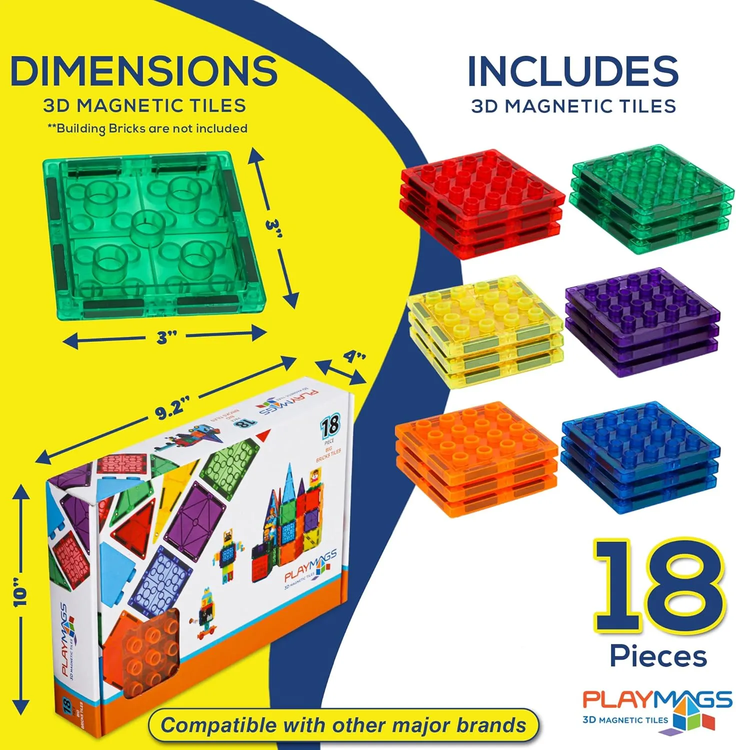 Playmags Magnetic Tiles, 18Pcs Magnetic Building Bricks, Exclusive Magnetic Blocks, Skill Development, Ages 3  (Big Bricks Tiles)