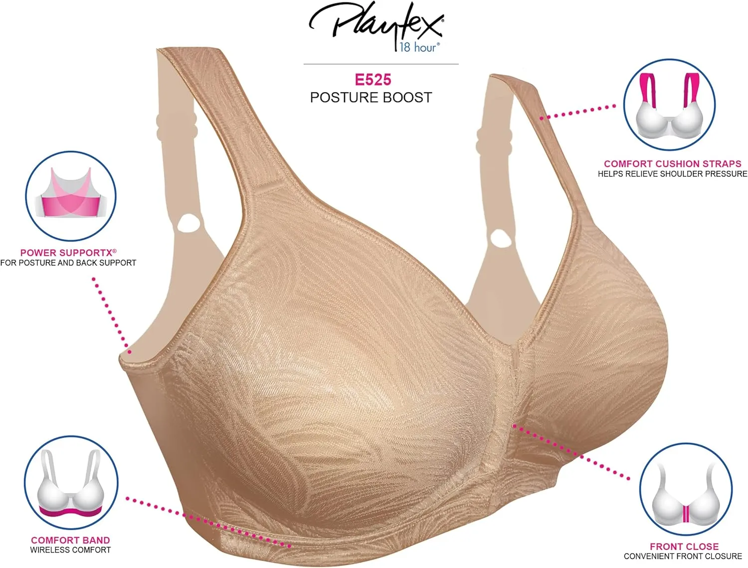PLAYTEX Women's 18 Hour Front Close Wirefree Back Support Posture Full Coverage Bra Use525