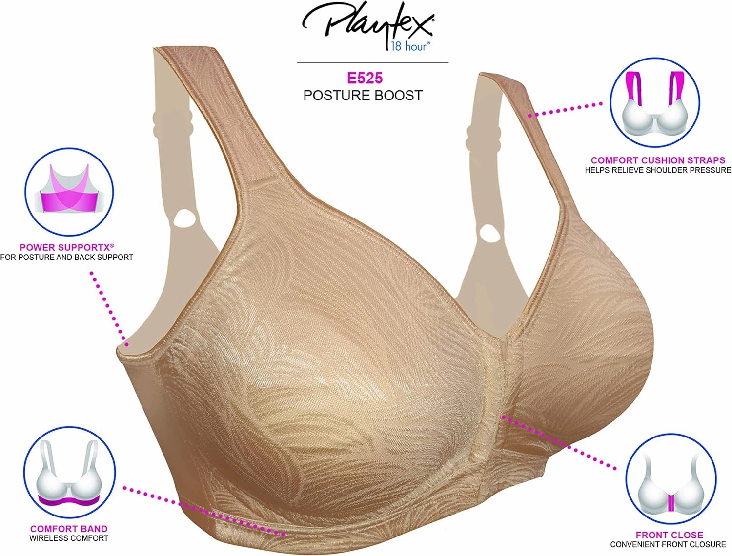 PLAYTEX Women's 18 Hour Front Close Wirefree Back Support Posture Full Coverage Bra Use525