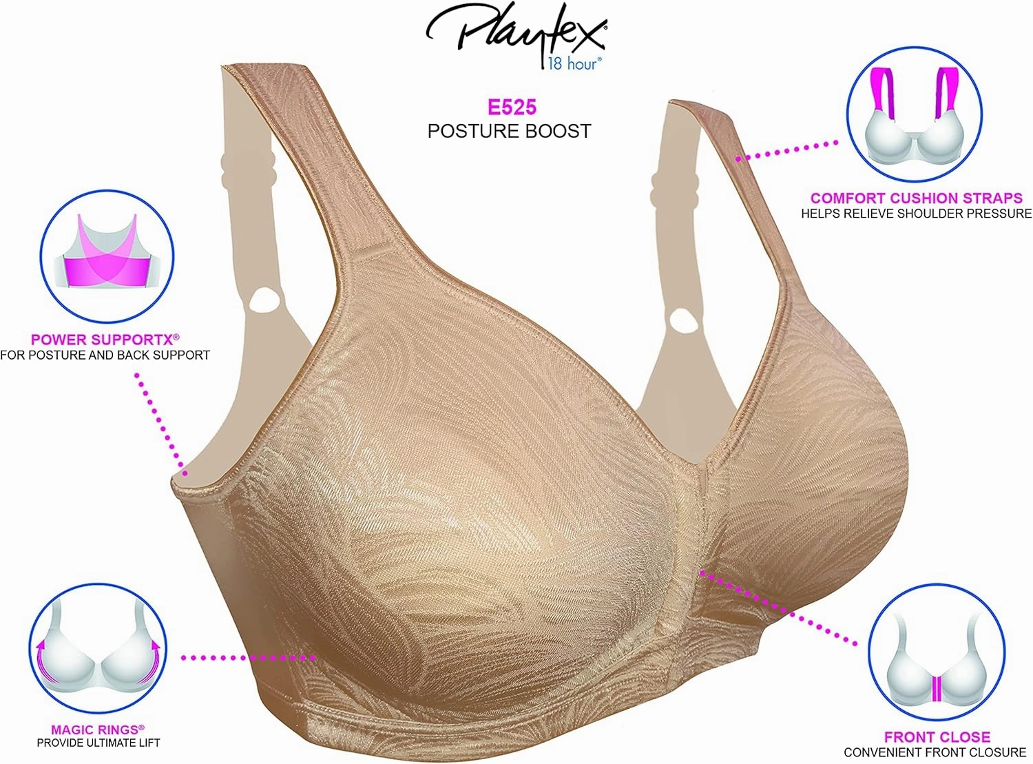 PLAYTEX Women's 18 Hour Front Close Wirefree Back Support Posture Full Coverage Bra Use525