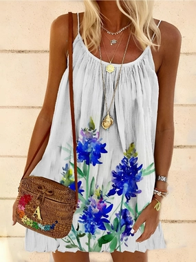 Pleated Blue Floral Summer Dress - Lightweight Sleeveless Beach Wear