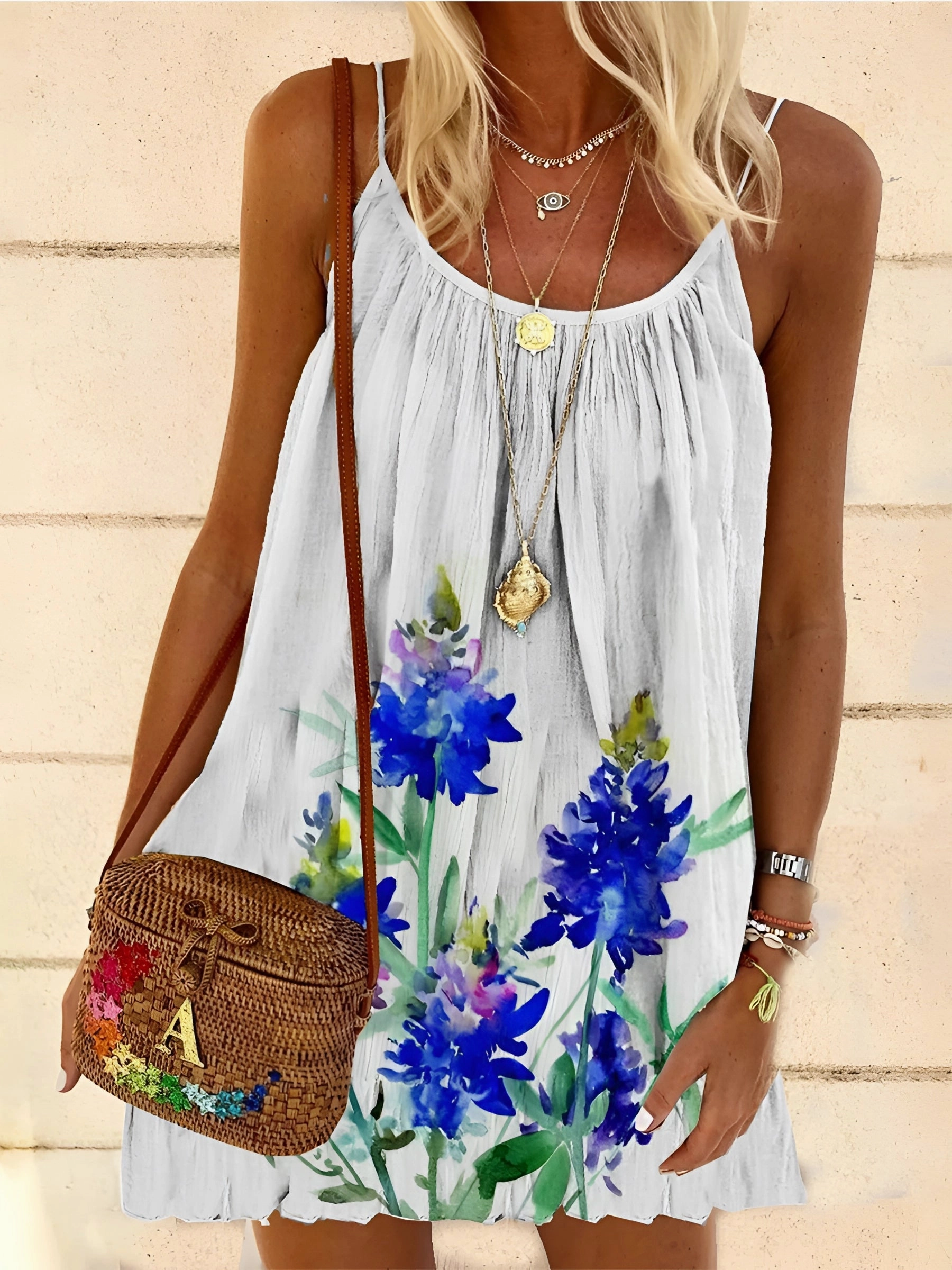 Pleated Blue Floral Summer Dress - Lightweight Sleeveless Beach Wear