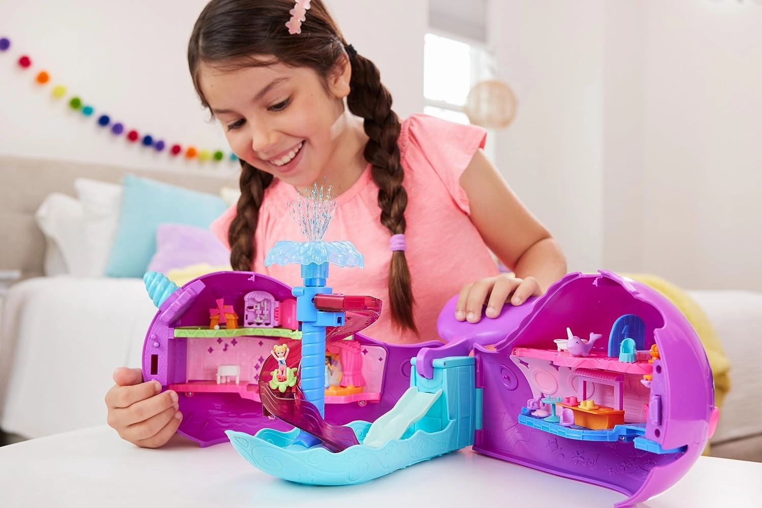 Polly Pocket Toy Boat Playset with 2 Dolls, Surprise Accessories & Water Play, Sparkle Cove Adventure Narwhal Boat