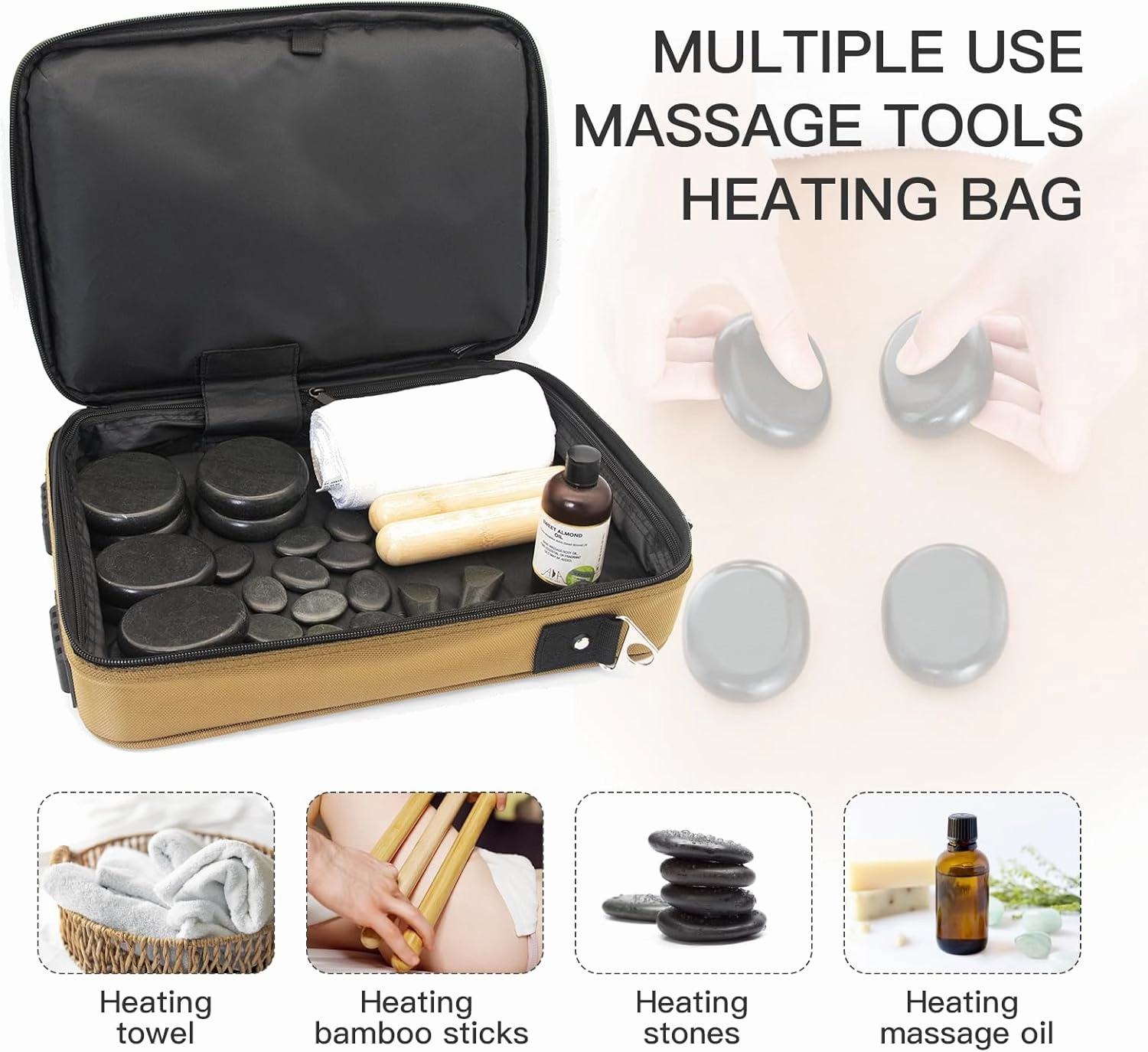 Portable 20 PCS Massage Stones Warmer Set, Temp Control Hot Stone Heater, Heating Massager Travel Bag w/Car Adapter for Professional/Home Spa (Brown)