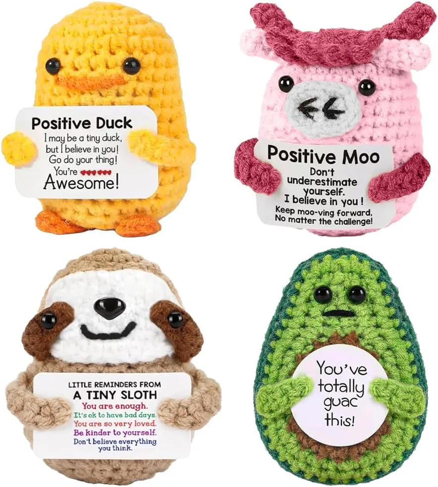 Positive Crochet Animals Mini 4 Pieces Avocado Cow Duck Sloth Desk Decorwith Positive Cards,Student Graduation Festival father days Birthday Gifts Cheer Up emotional dolls for Girl Boy family Lover