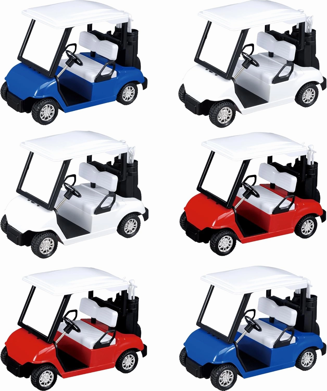 PowerTRC 6 Pcs Diecast Toy Golf Carts with Clubs, Mini Metal Alloy Die Cast Pullback Display Model Desk Decor Golf Cart Cake Decorations Topper (4.75 inches)