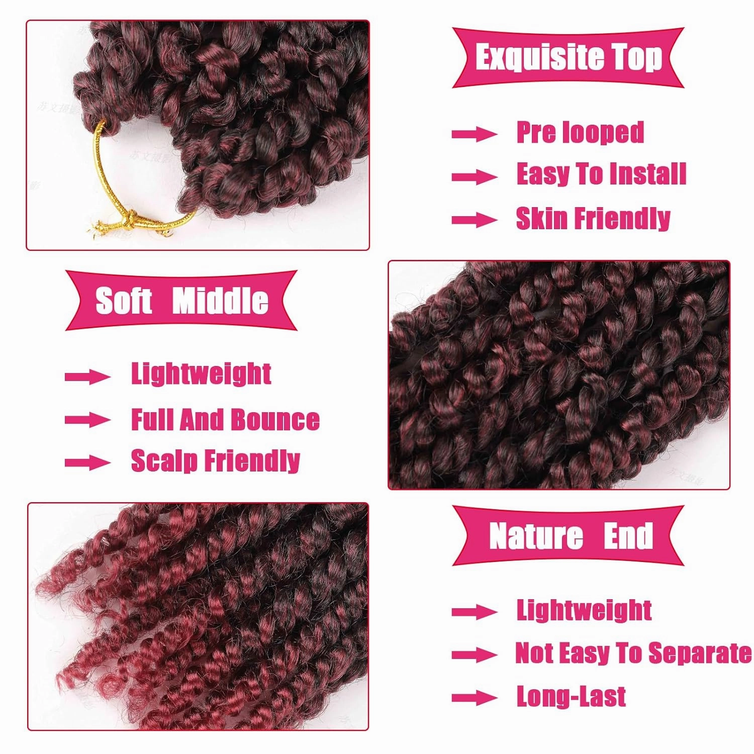 Pre-twisted Ombre Burgundy Passion Twist Hair 10 Inch 6 Packs Short Passion Twist Crochet Hair Bohemian Pre Looped Crochet Braids for Black Women Kids and Girls (10 Inch,T1B/Bug)
