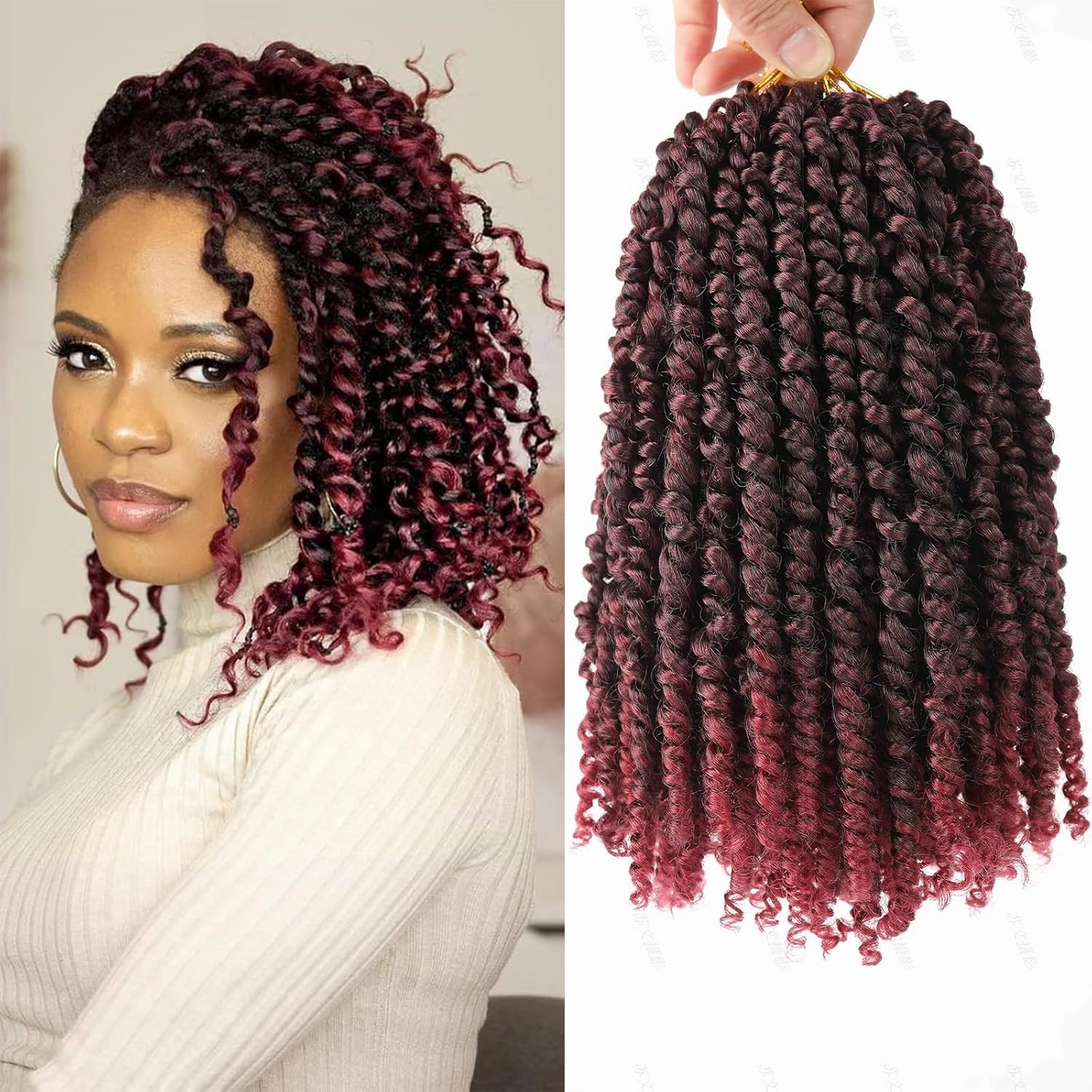 Pre-twisted Ombre Burgundy Passion Twist Hair 10 Inch 6 Packs Short Passion Twist Crochet Hair Bohemian Pre Looped Crochet Braids for Black Women Kids and Girls (10 Inch,T1B/Bug)